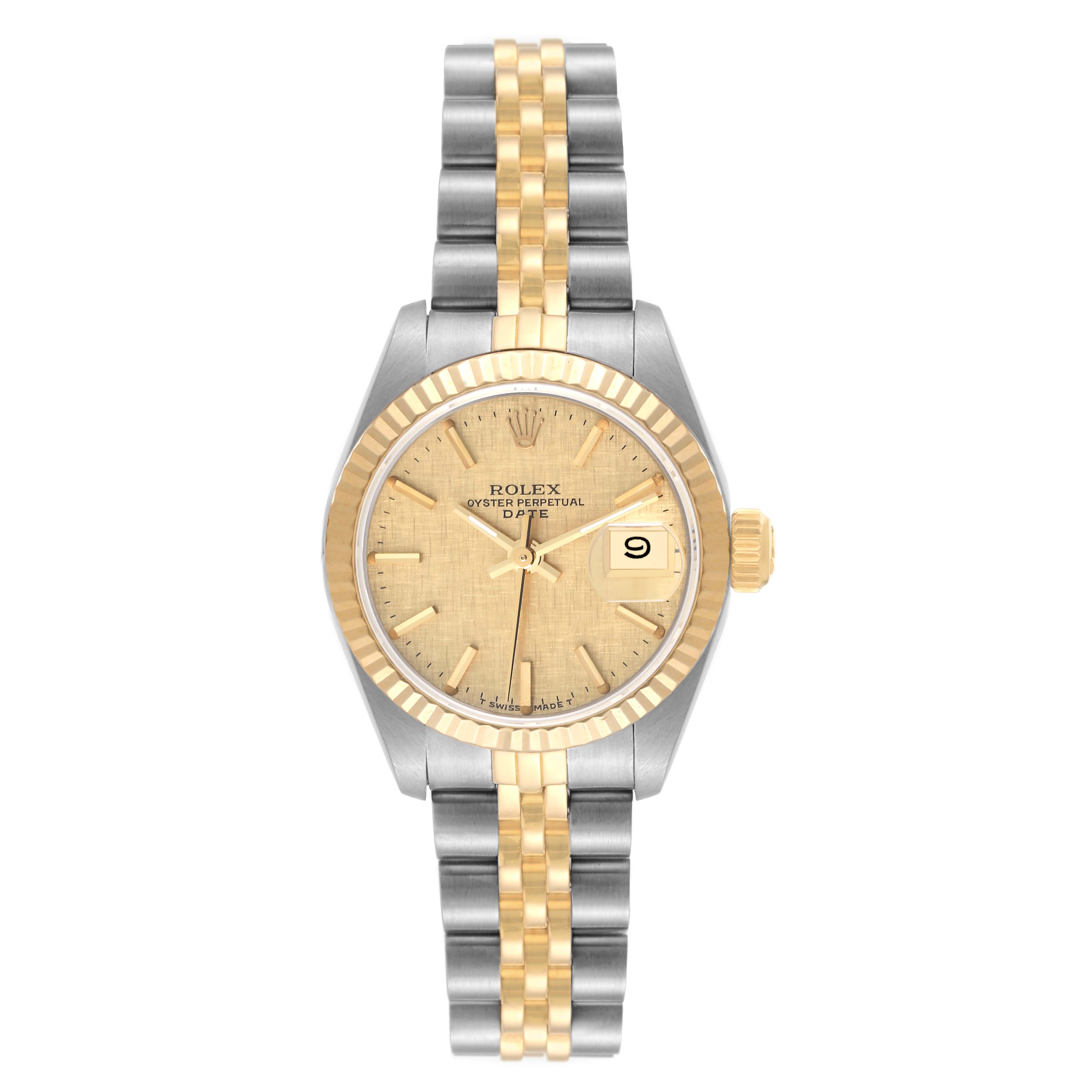 This Rolex Datejust 69173 Women's Steel and Gold (two tone) Champagne Dial 69173 Women's Steel and Gold (two tone) Champagne Dial watch is shown from a front angle, displaying its dial, bezel, case, and bracelet.