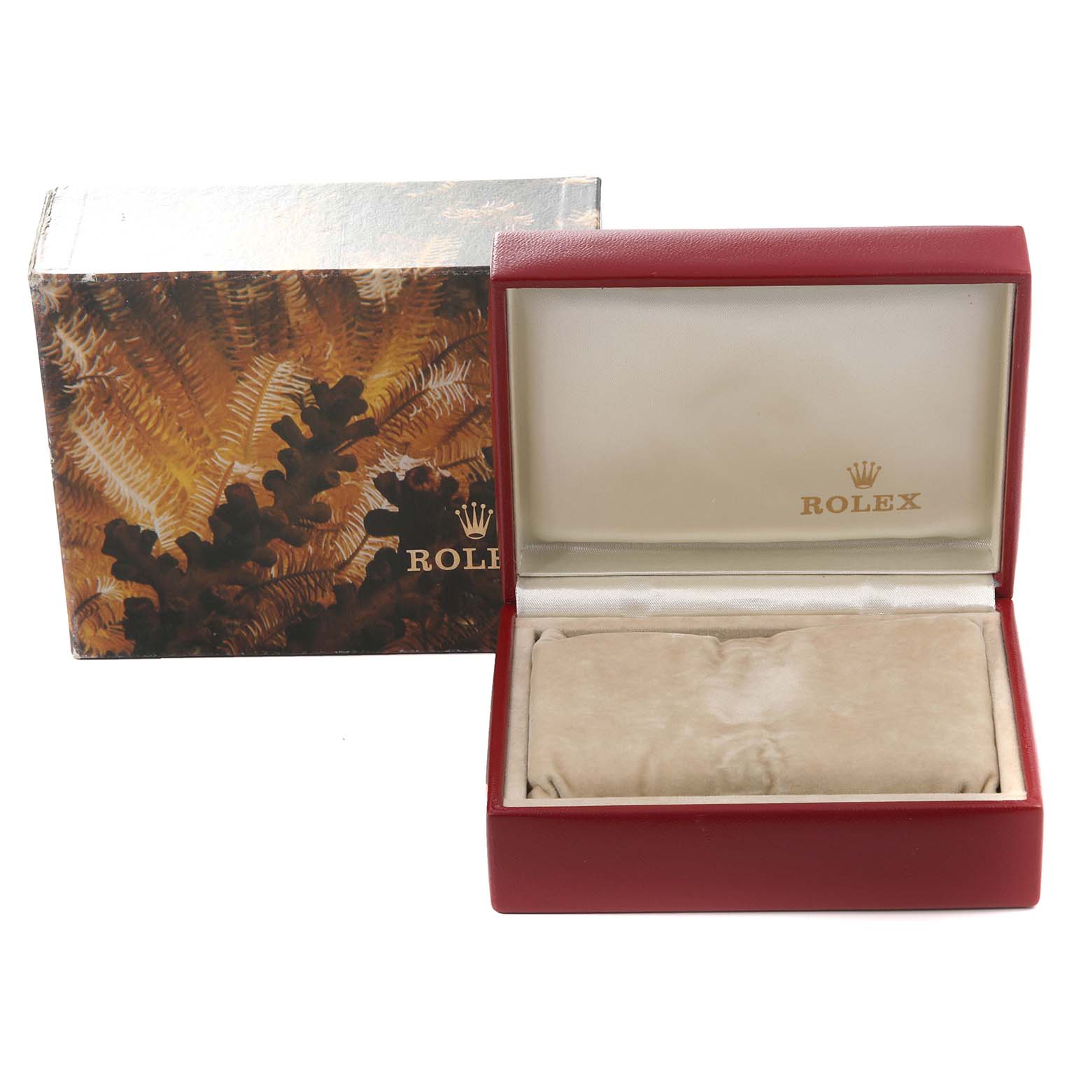 The image shows an empty open box and its packaging for a Rolex Datejust 69173 Women's Steel and Gold (two tone) Champagne Dial 69173 Women's Steel and Gold (two tone) Champagne Dial watch.