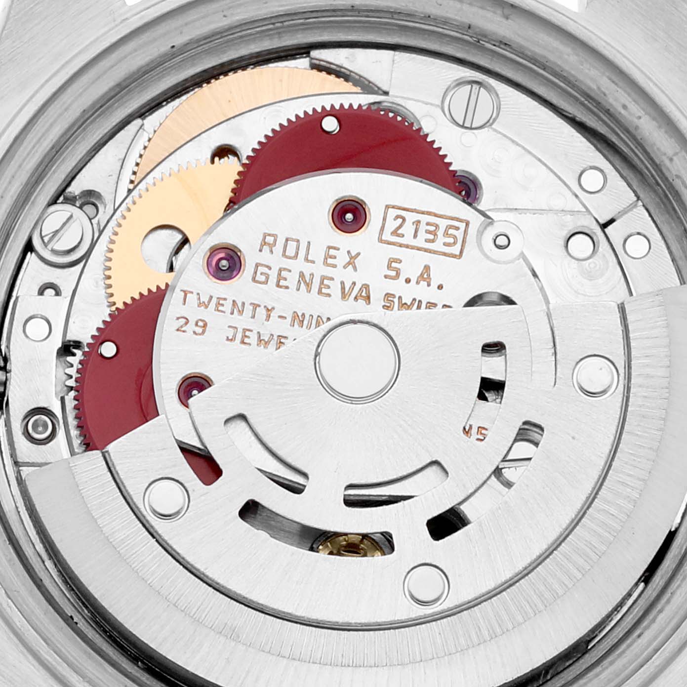This image shows the internal movement mechanism of a Rolex Datejust 69173 Women's Steel and Gold (two tone) Champagne Dial 69173 Women's Steel and Gold (two tone) Champagne Dial watch, focusing on the gears and the rotor.