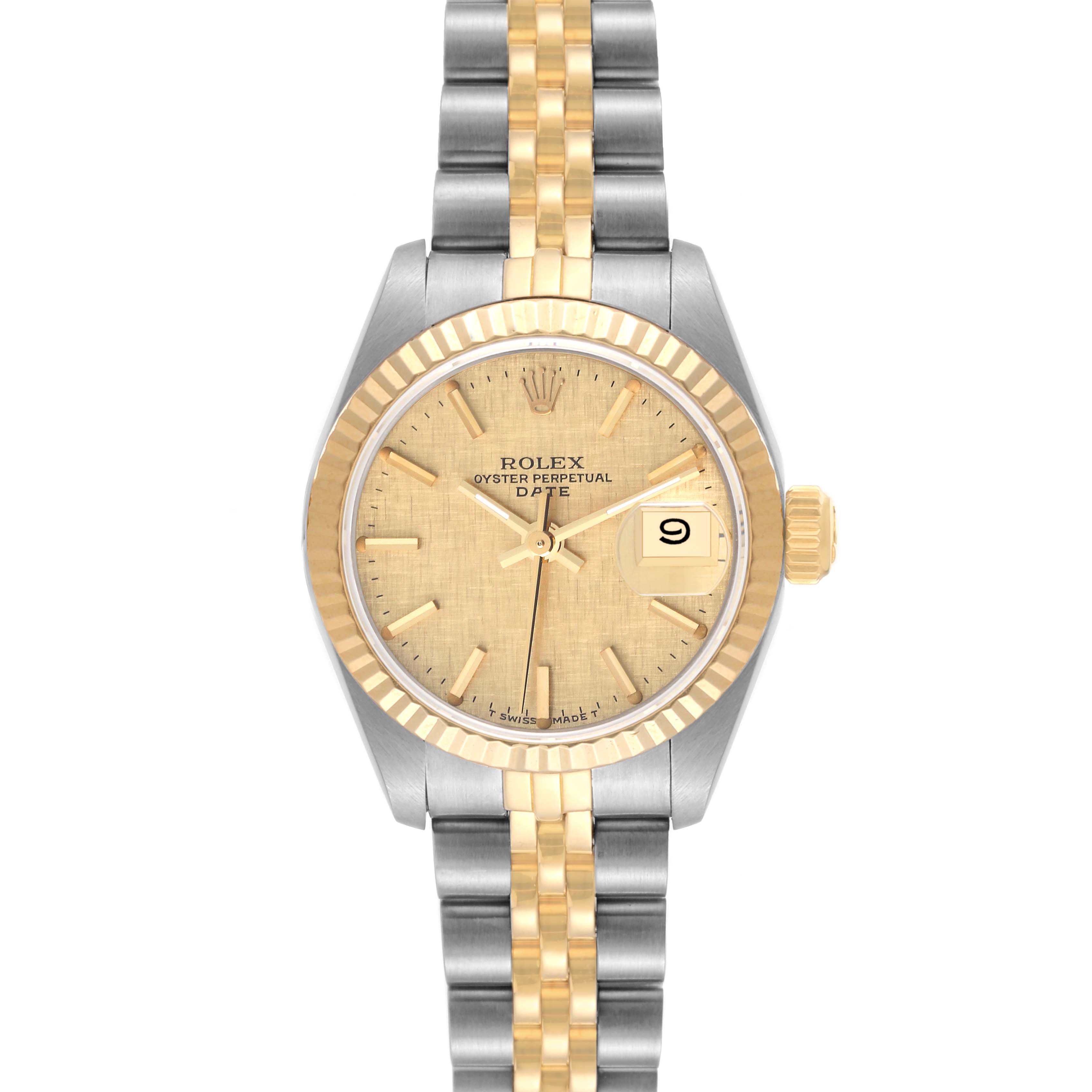 This image shows a Rolex Datejust 69173 Women's Steel and Gold (two tone) Champagne Dial 69173 Women's Steel and Gold (two tone) Champagne Dial watch from a front angle, highlighting its gold and silver bracelet, dial, and fluted bezel.