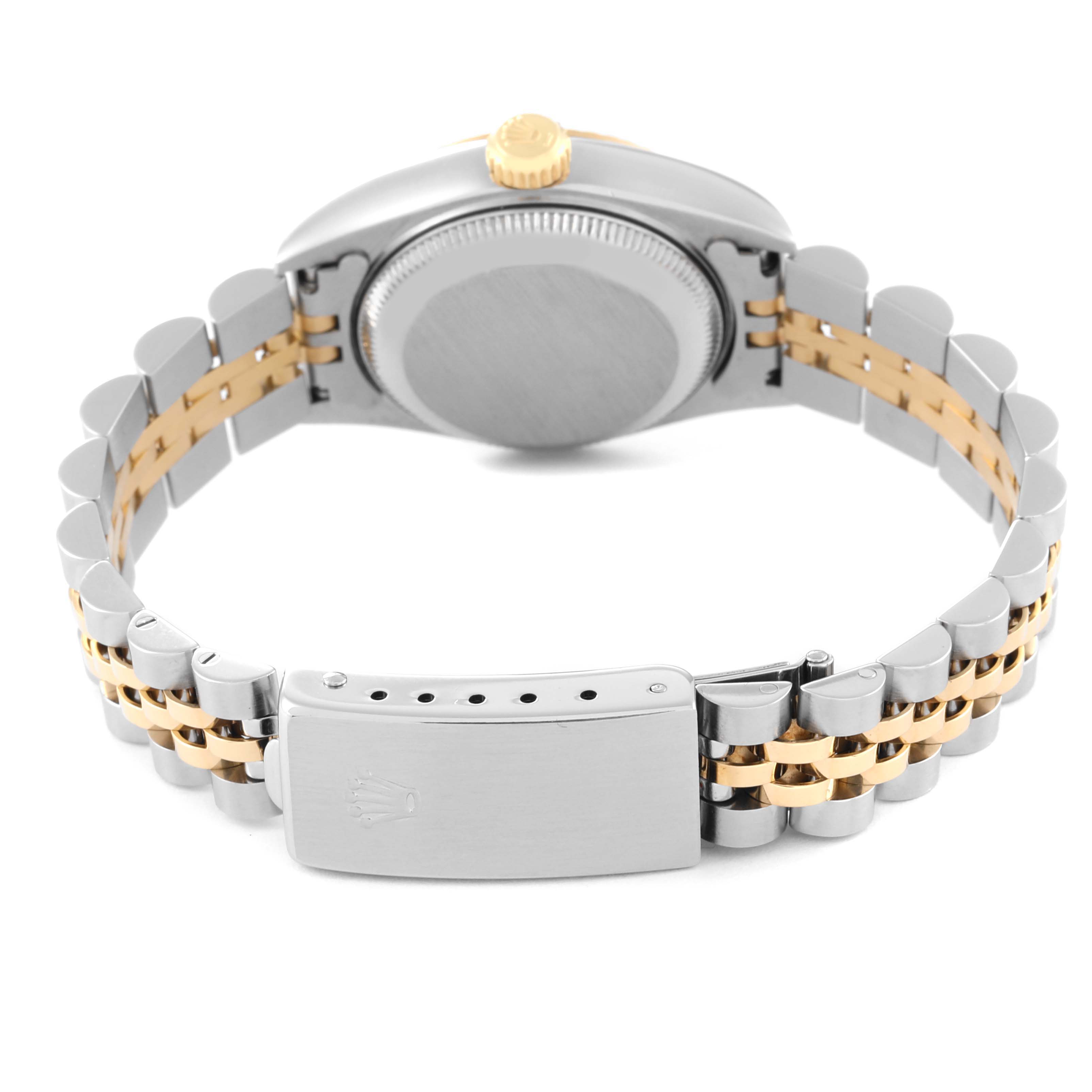 The image shows the back view of a Rolex Datejust 69173 Women's Steel and Gold (two tone) Champagne Dial 69173 Women's Steel and Gold (two tone) Champagne Dial watch, highlighting the case back, crown, and two-tone bracelet with the clasp.