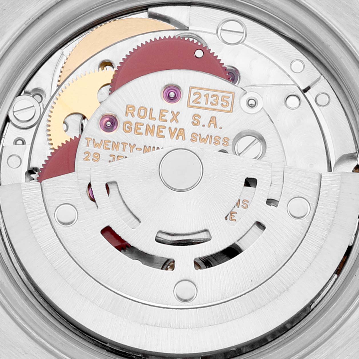 This is a close-up view of the movement mechanism inside a Rolex Datejust 69173 Women's Steel and Gold (two tone) Champagne Dial 69173 Women's Steel and Gold (two tone) Champagne Dial watch, showcasing gears and mechanical components.