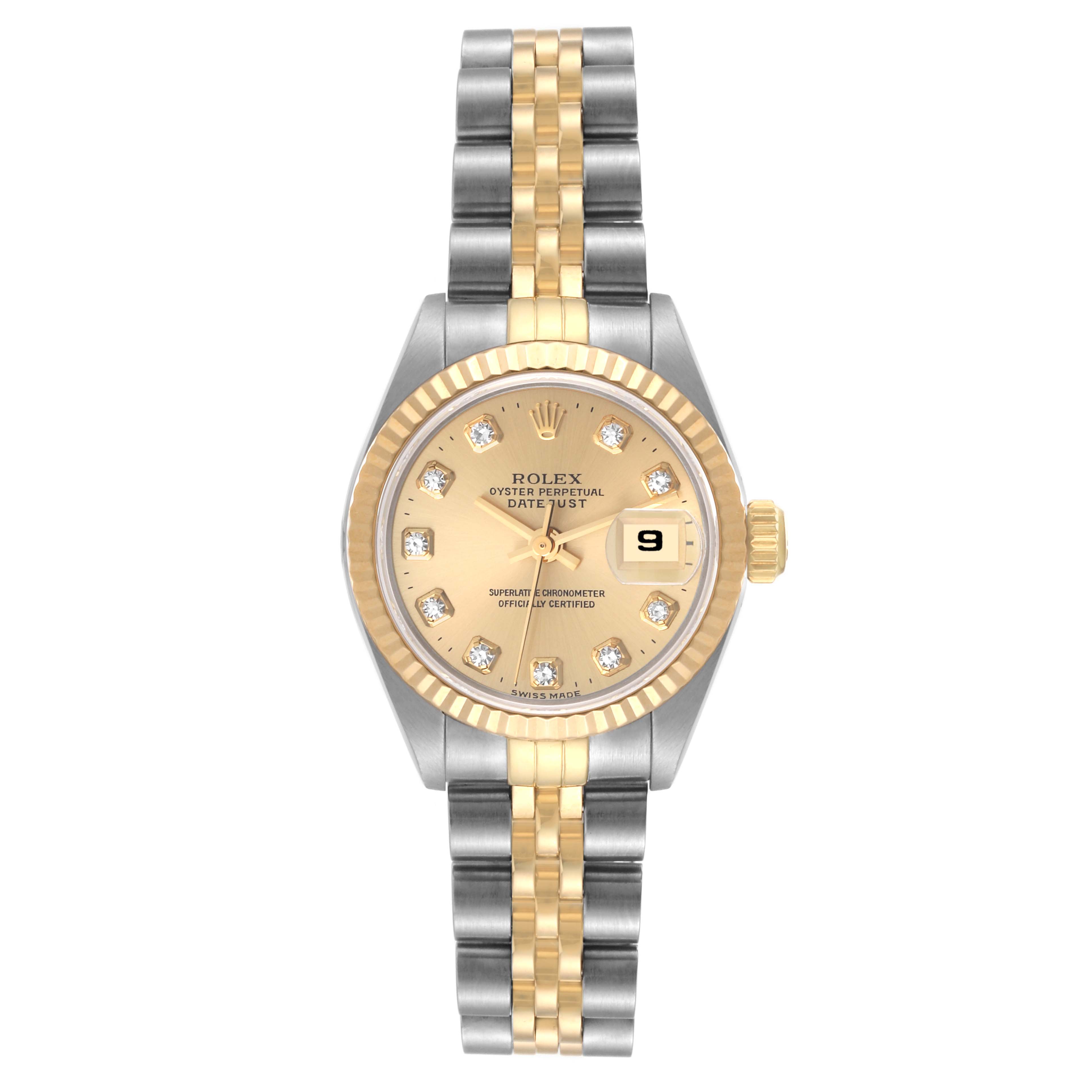 This image shows a Rolex Datejust 69173 Women's Steel and Gold (two tone) Champagne Dial 69173 Women's Steel and Gold (two tone) Champagne Dial watch front-facing, highlighting its face, bezel, crown, and two-tone bracelet.