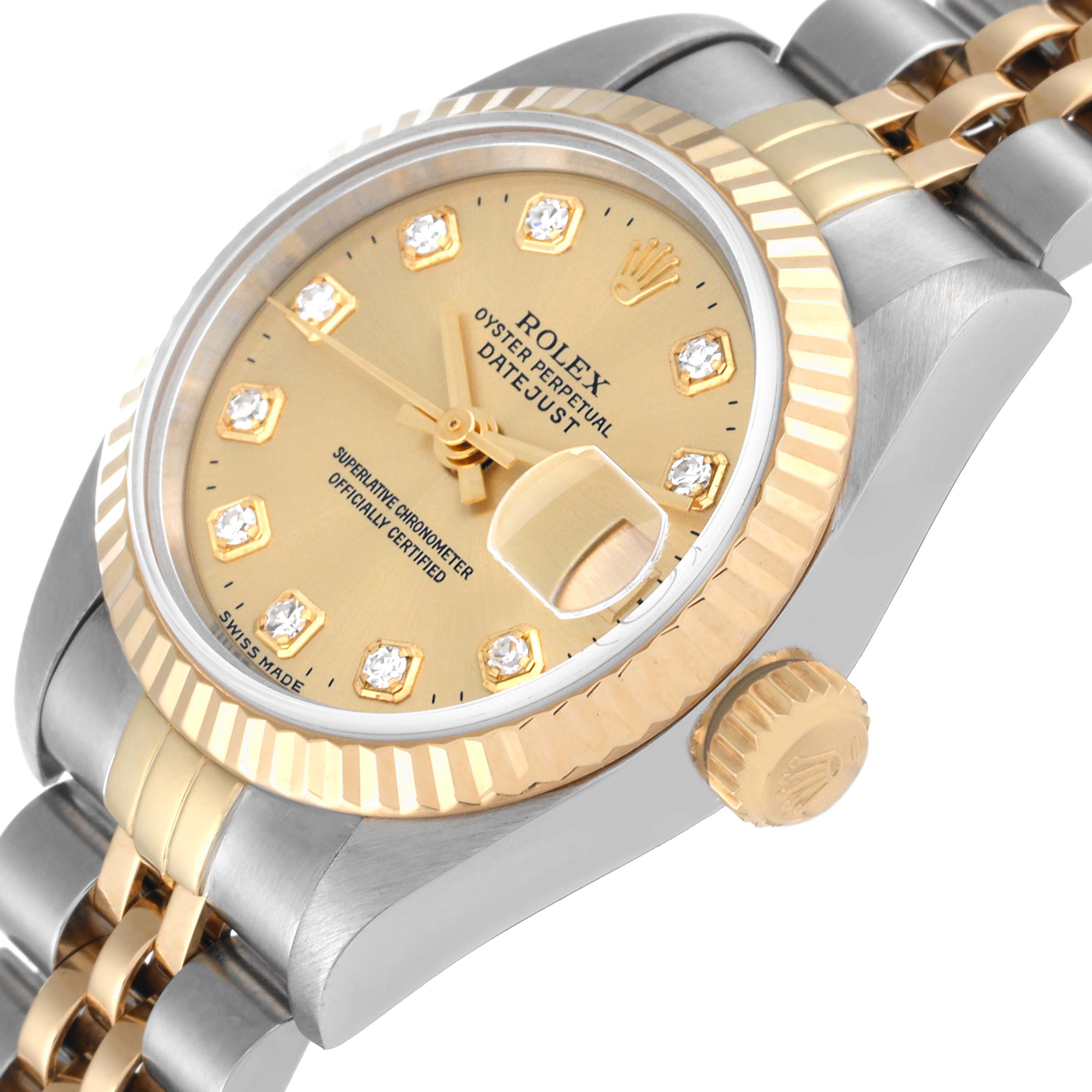 The image shows a Rolex Datejust 69173 Women's Steel and Gold (two tone) Champagne Dial 69173 Women's Steel and Gold (two tone) Champagne Dial watch angled slightly to display the face, bezel, crown, and part of the bracelet.