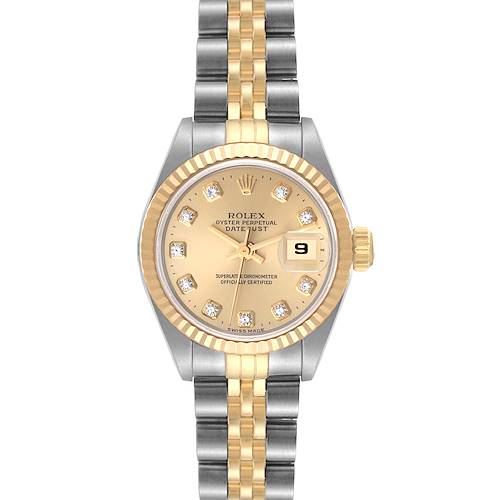 This Rolex Datejust model is shown from a straight-on angle, showcasing the face, bezel, and bracelet.