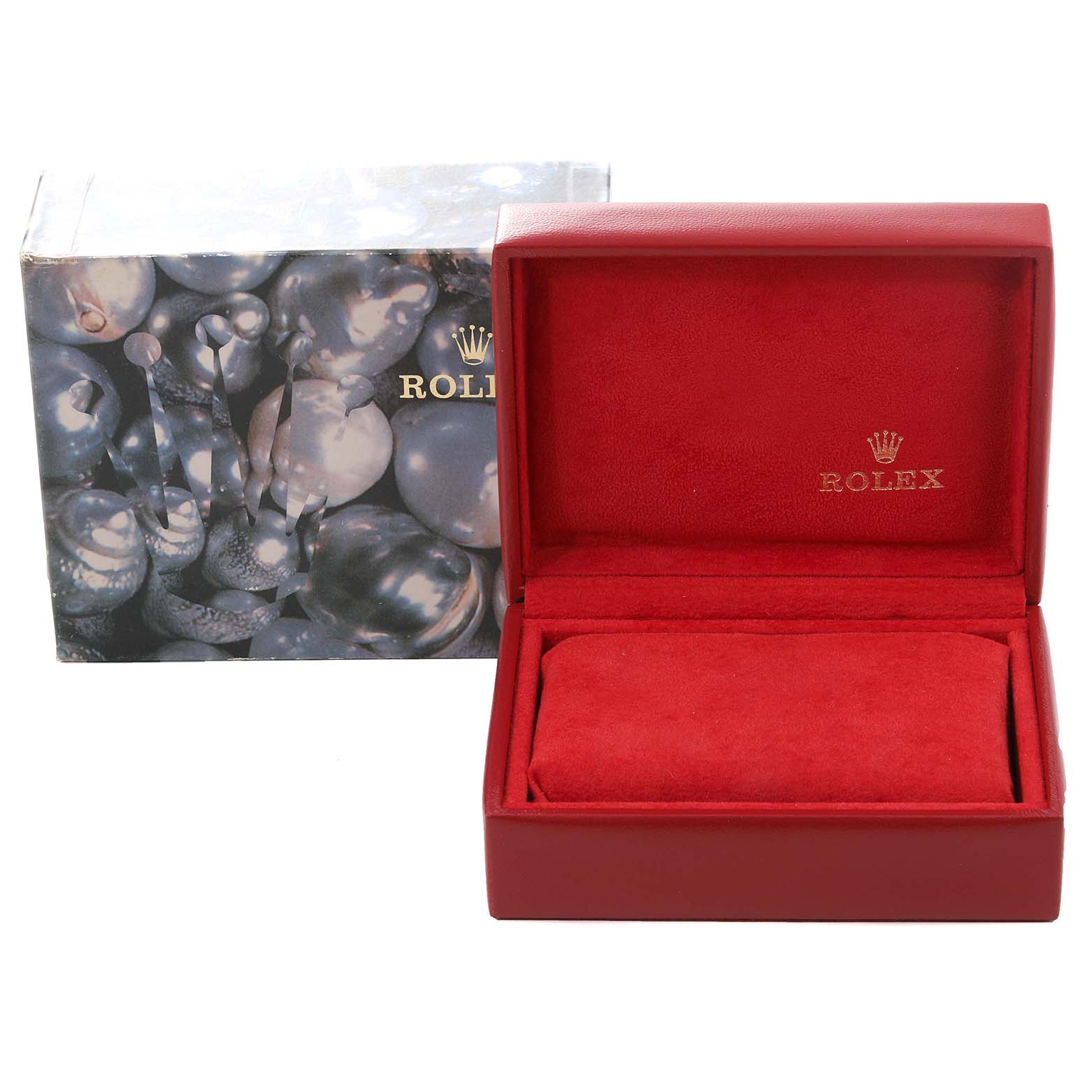 The image shows the packaging and empty watch box for a Rolex Datejust 69173 Women's Steel and Gold (two tone) Champagne Dial 69173 Women's Steel and Gold (two tone) Champagne Dial model, displaying both the outer box and inner red velvet case.