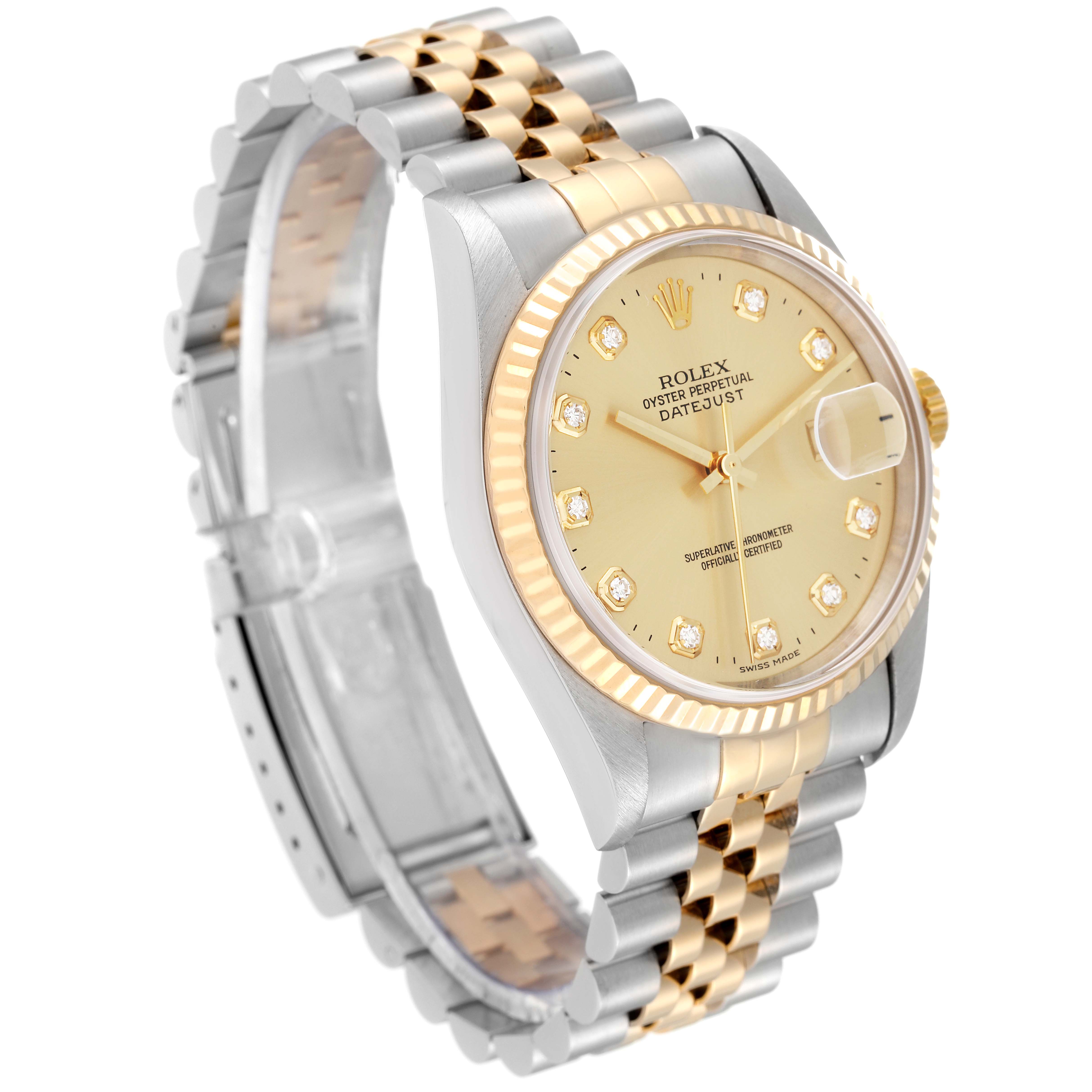 The image shows a Rolex Datejust 16233 Men's Steel and Gold (two tone) Champagne Dial 16233 Men's Steel and Gold (two tone) Champagne Dial watch at a three-quarter angle, highlighting the dial, bezel, and bracelet.