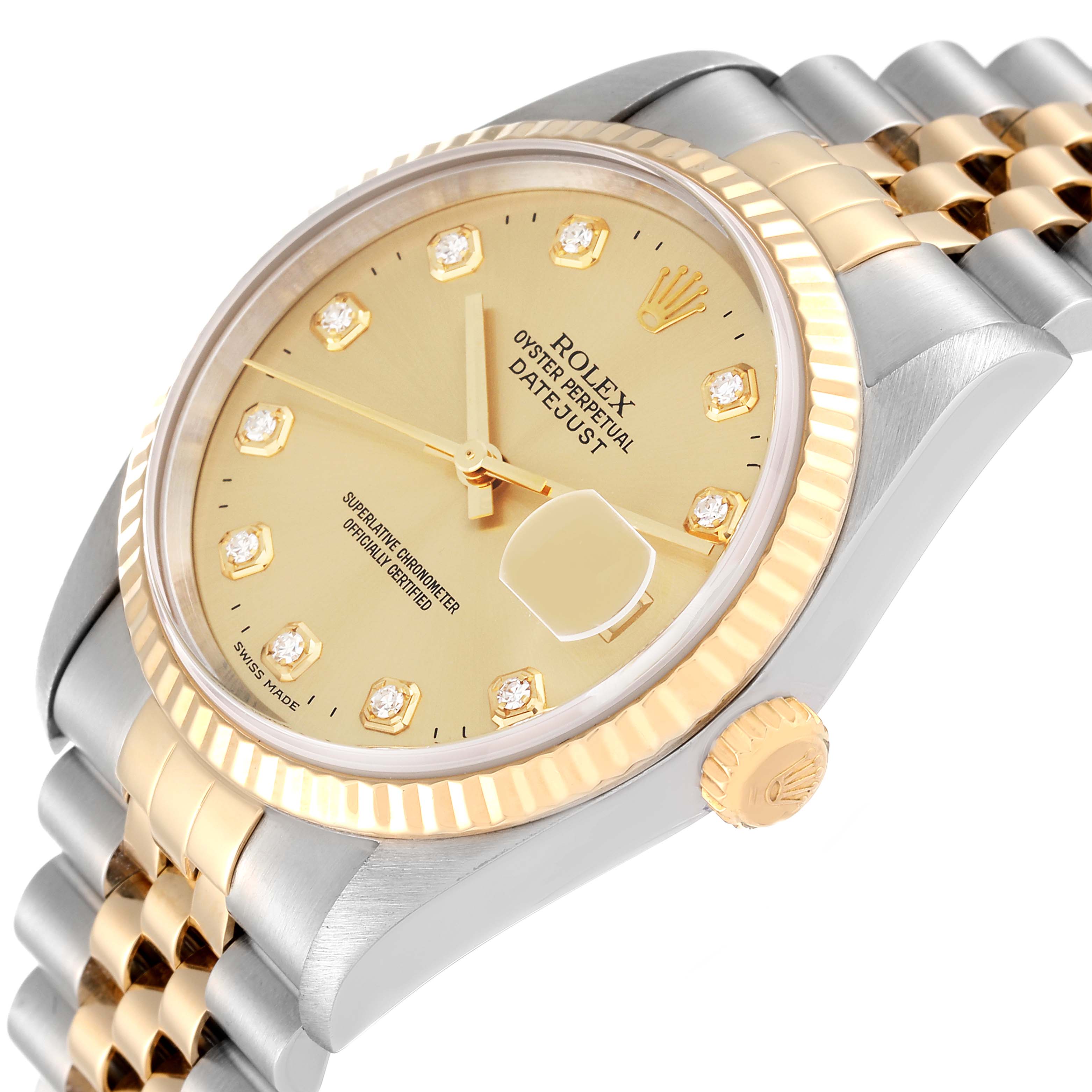 This image shows a close-up side angle of a Rolex Datejust 16233 Men's Steel and Gold (two tone) Champagne Dial 16233 Men's Steel and Gold (two tone) Champagne Dial watch, highlighting the bezel, dial, and partial bracelet.