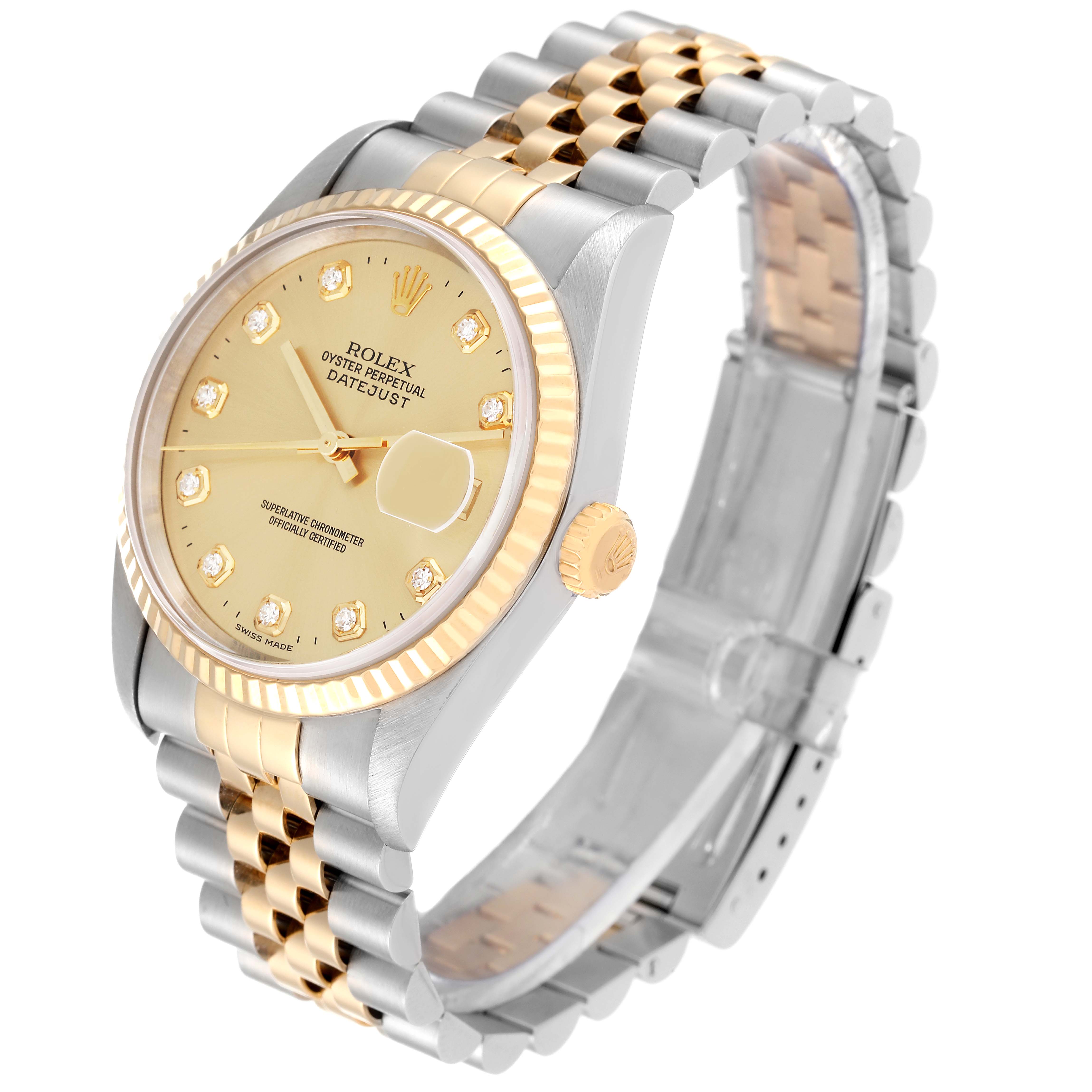This image shows a side angle of a Rolex Datejust 16233 Men's Steel and Gold (two tone) Champagne Dial 16233 Men's Steel and Gold (two tone) Champagne Dial watch, displaying its face, bezel, crown, and Jubilee bracelet.