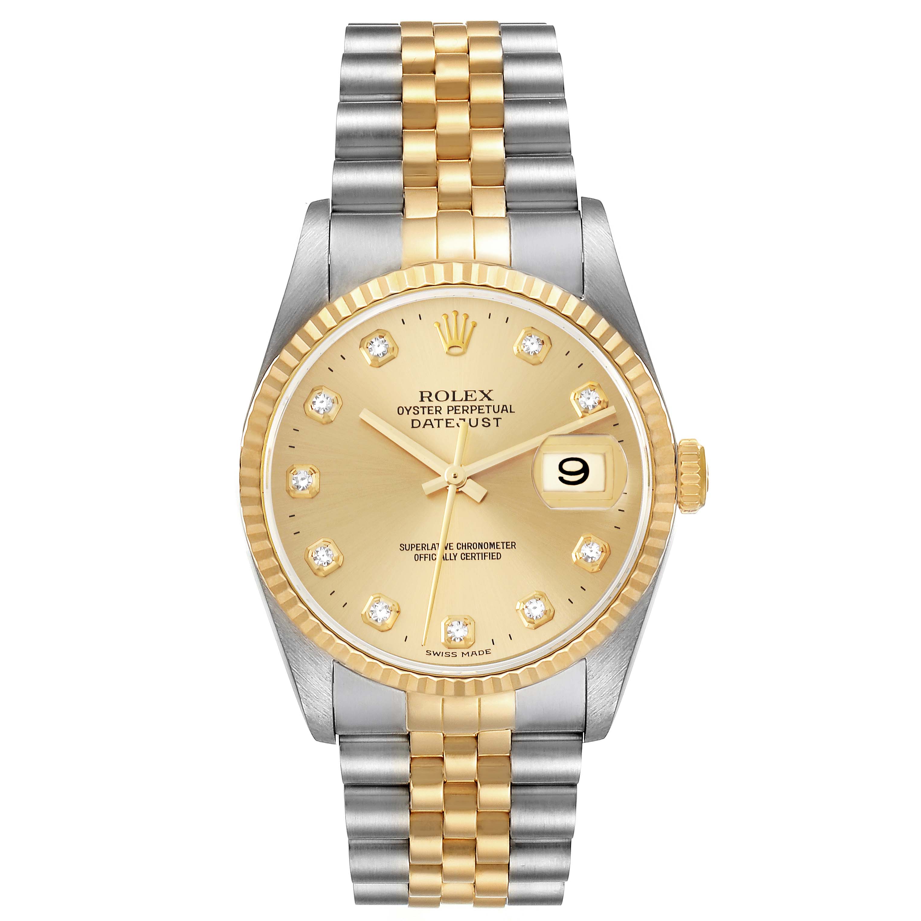 The image shows a front view of a Rolex Datejust 16233 Men's Steel and Gold (two tone) Champagne Dial 16233 Men's Steel and Gold (two tone) Champagne Dial watch featuring a two-tone bracelet and a gold dial with diamond hour markers.