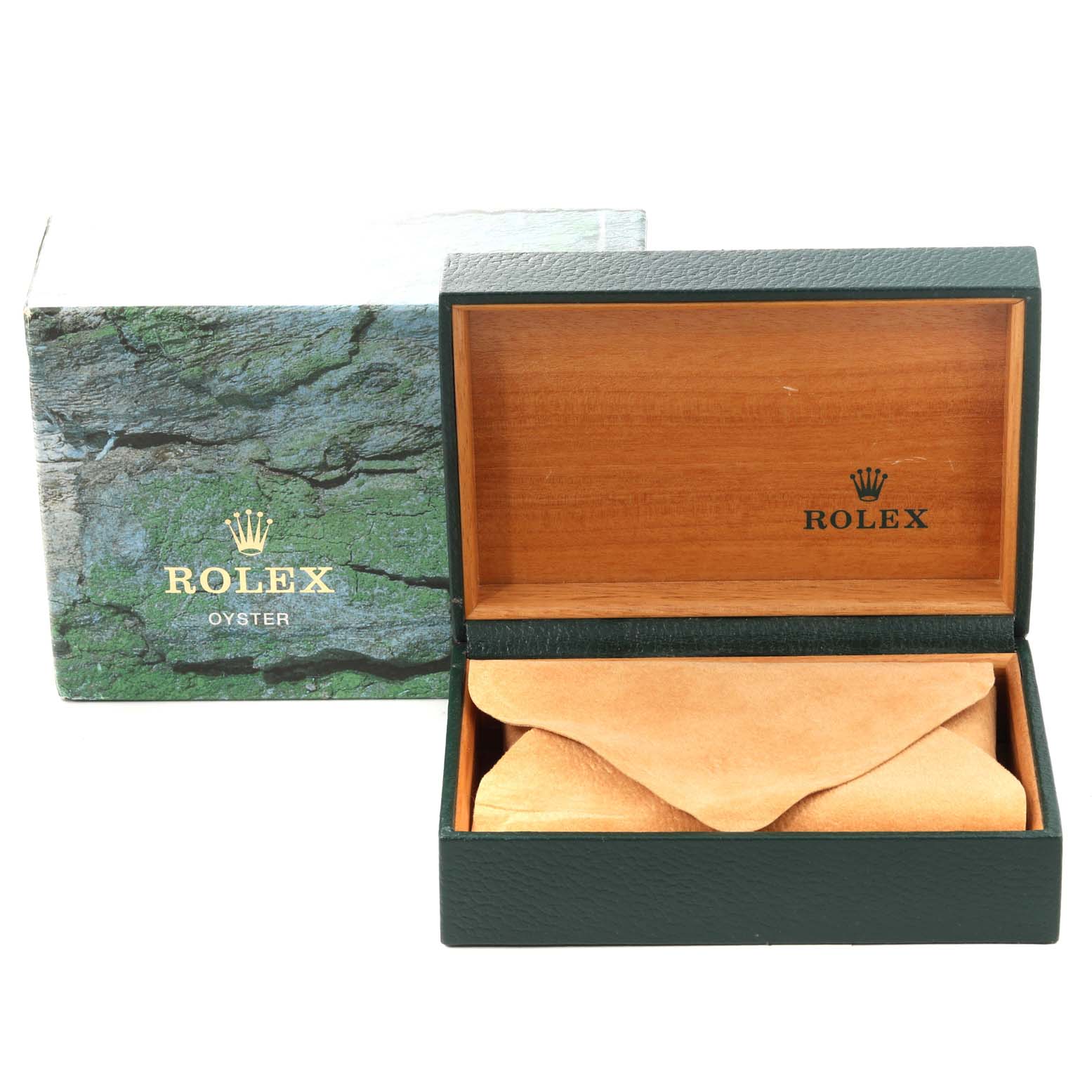 The image shows an opened Rolex Datejust 16233 Men's Steel and Gold (two tone) Champagne Dial 16233 Men's Steel and Gold (two tone) Champagne Dial watch box with a green exterior and a wooden interior, along with its protective pouch.