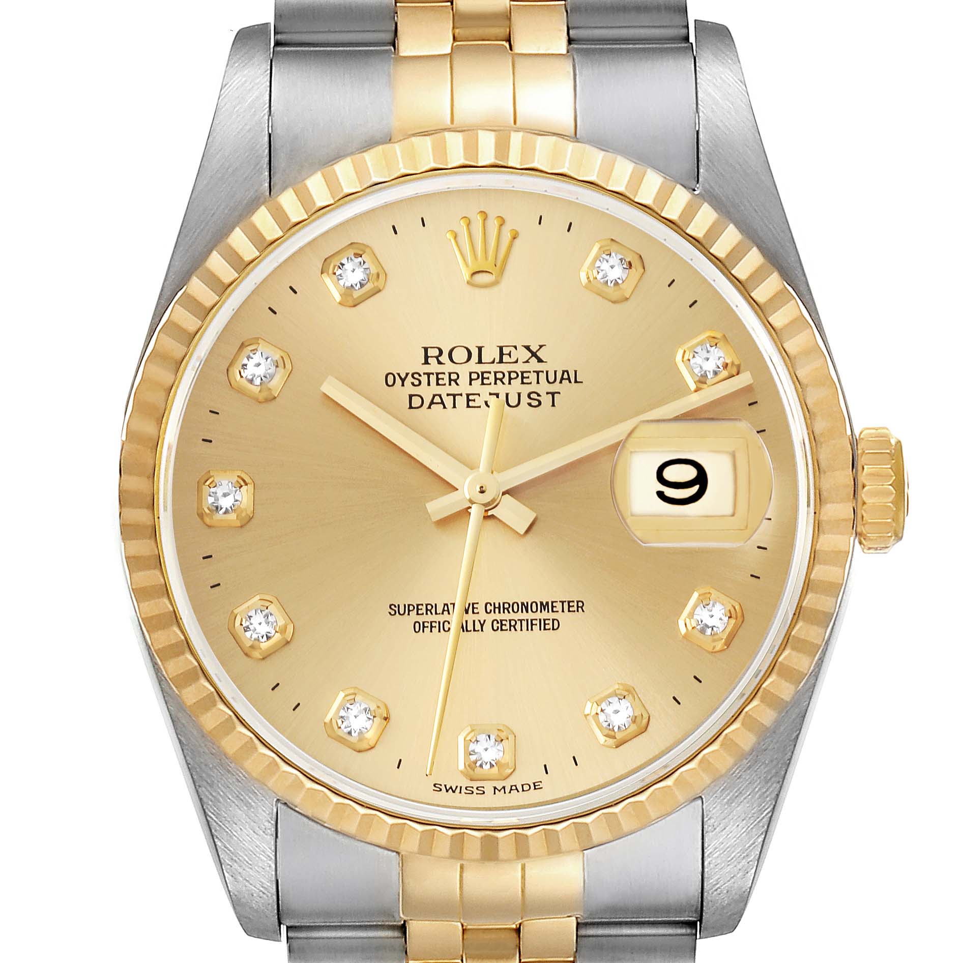 This is a close-up front view of the Rolex Datejust 16233 Men's Steel and Gold (two tone) Champagne Dial 16233 Men's Steel and Gold (two tone) Champagne Dial watch showing its dial, bezel, crown, and part of the bracelet.