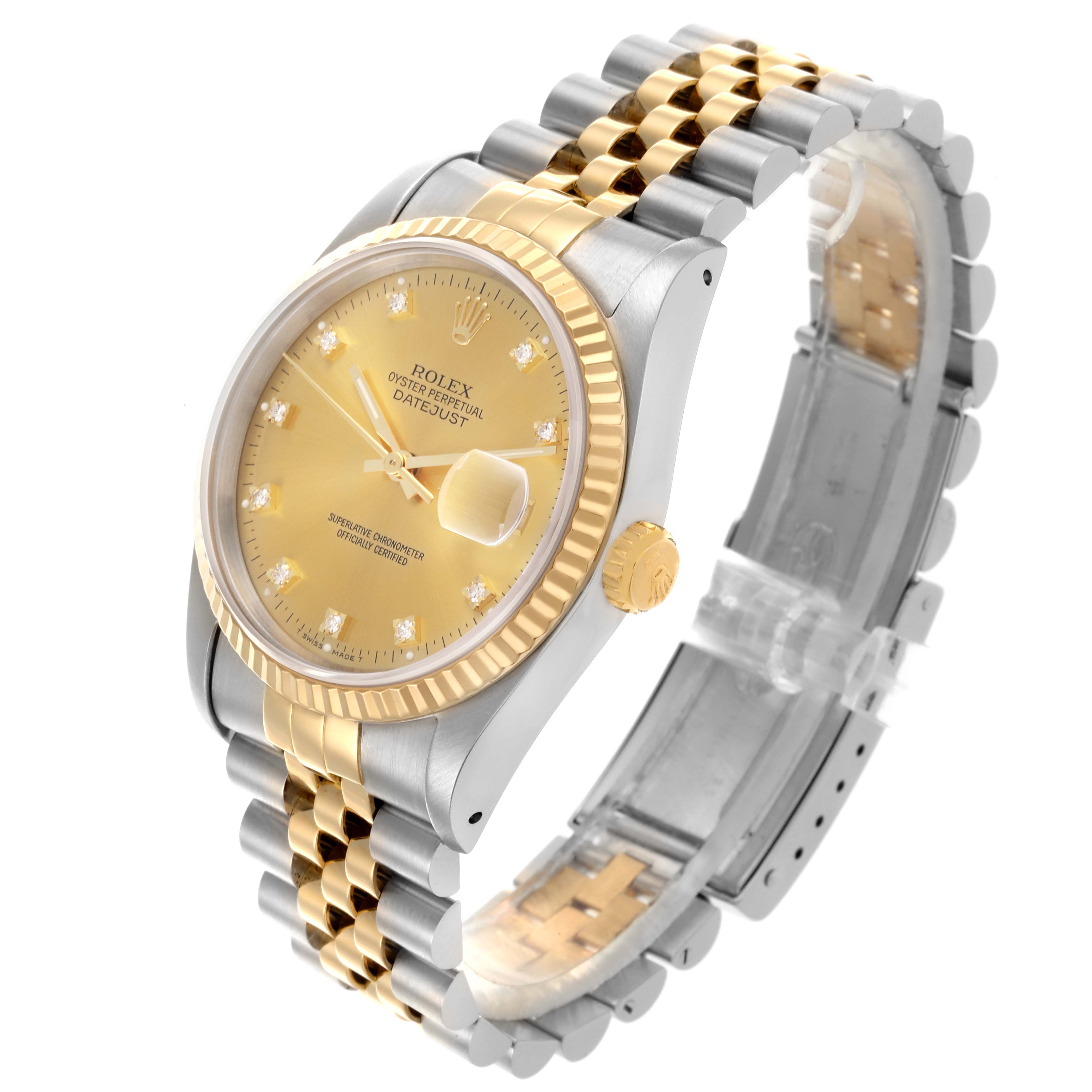 The Rolex Datejust 16233 Men's Steel and Gold (two tone) Champagne Dial 16233 Men's Steel and Gold (two tone) Champagne Dial watch is shown at an angled side view highlighting the gold and silver bracelet, dial, bezel, and crown.