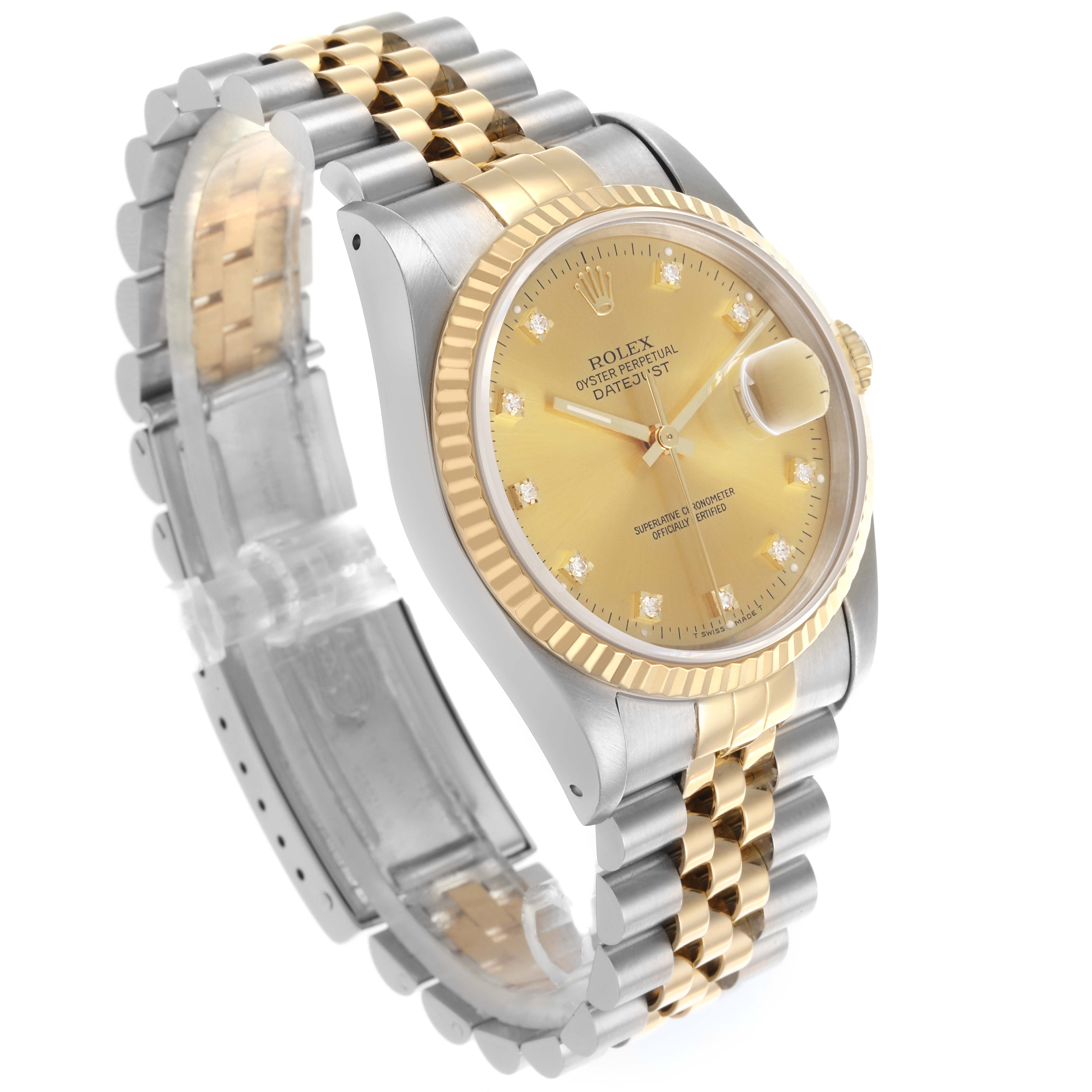 The Rolex Datejust 16233 Men's Steel and Gold (two tone) Champagne Dial 16233 Men's Steel and Gold (two tone) Champagne Dial watch is shown at an oblique angle, displaying its face, bezel, and part of the bracelet.