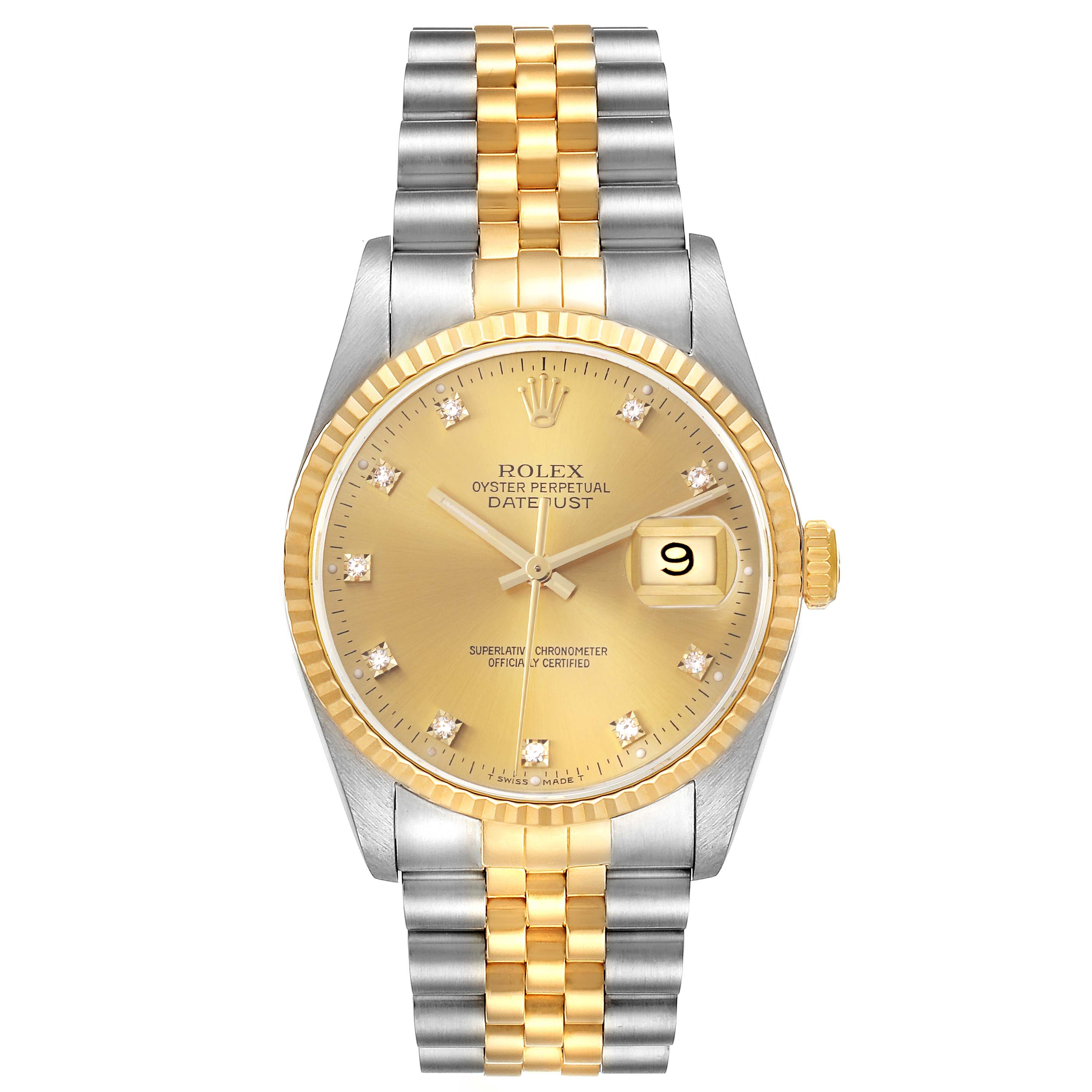 The Rolex Datejust 16233 Men's Steel and Gold (two tone) Champagne Dial 16233 Men's Steel and Gold (two tone) Champagne Dial watch is shown from the front, showcasing its face, bezel, dial, crown, and bracelet.