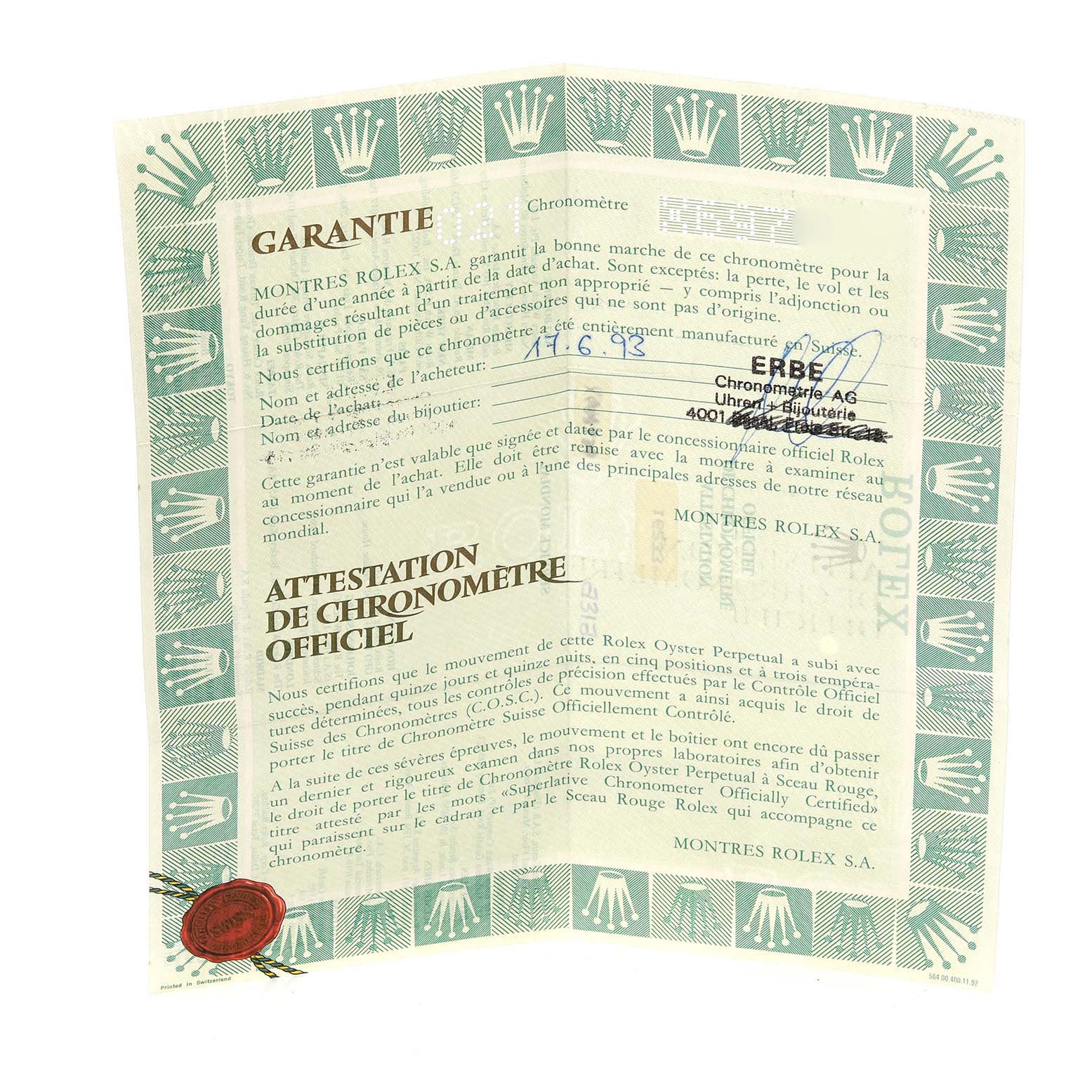 The image shows a warranty certificate for a Rolex Datejust 16233 Men's Steel and Gold (two tone) Champagne Dial 16233 Men's Steel and Gold (two tone) Champagne Dial watch.