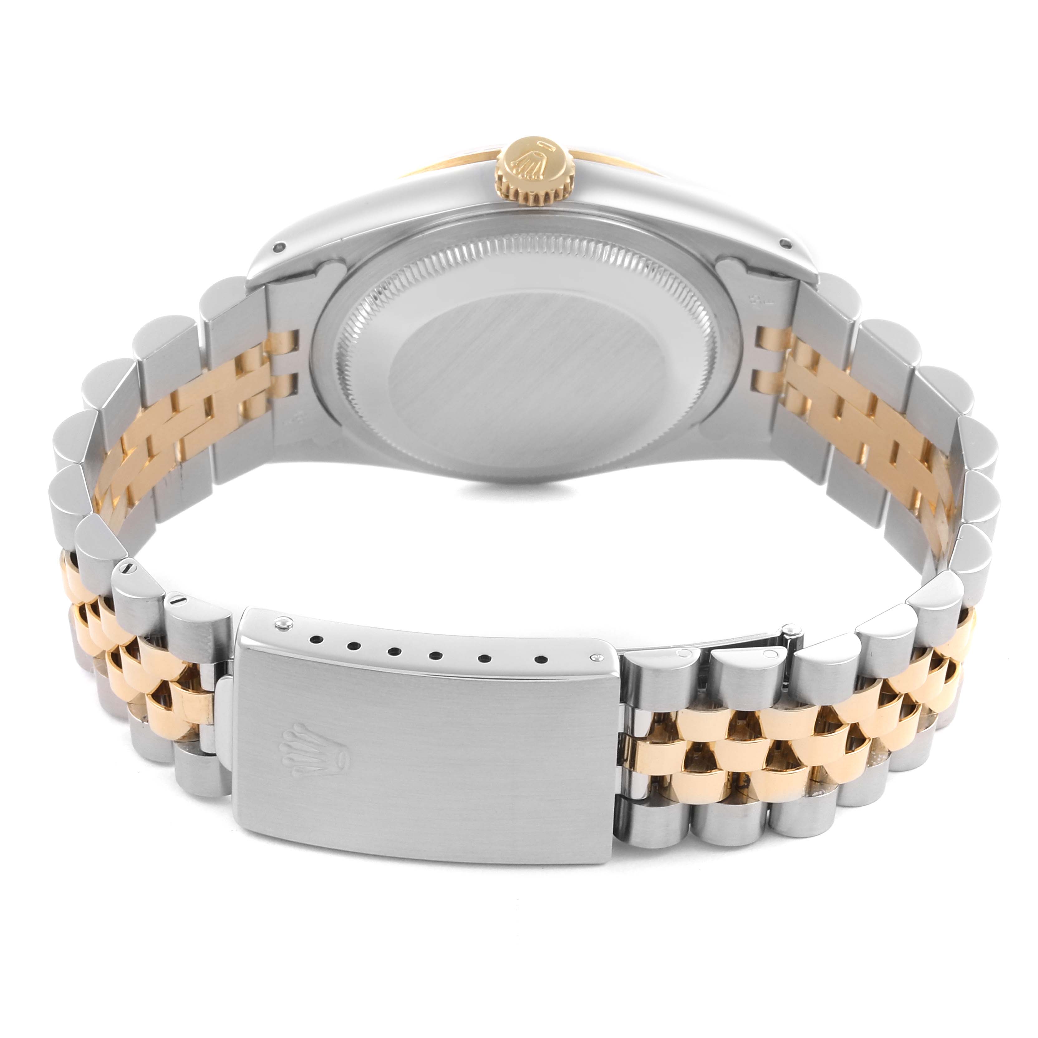 The image shows the back and side view of a Rolex Datejust 16233 Men's Steel and Gold (two tone) Champagne Dial 16233 Men's Steel and Gold (two tone) Champagne Dial watch, highlighting the case, bracelet, and clasp.