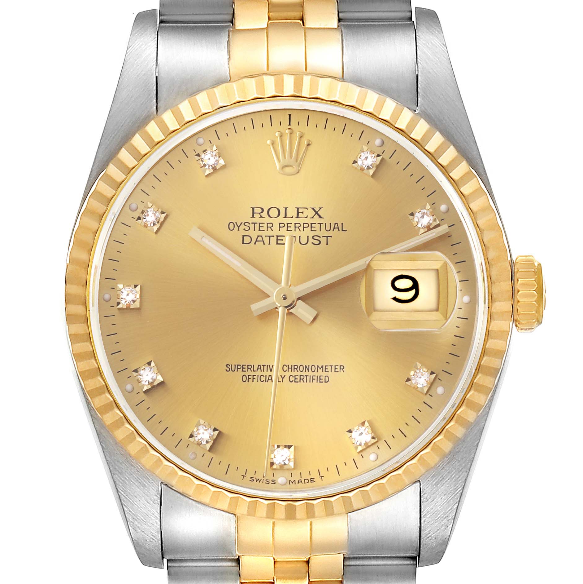 The Rolex Datejust 16233 Men's Steel and Gold (two tone) Champagne Dial 16233 Men's Steel and Gold (two tone) Champagne Dial watch is shown front-facing, highlighting the dial, fluted bezel, and bracelet.
