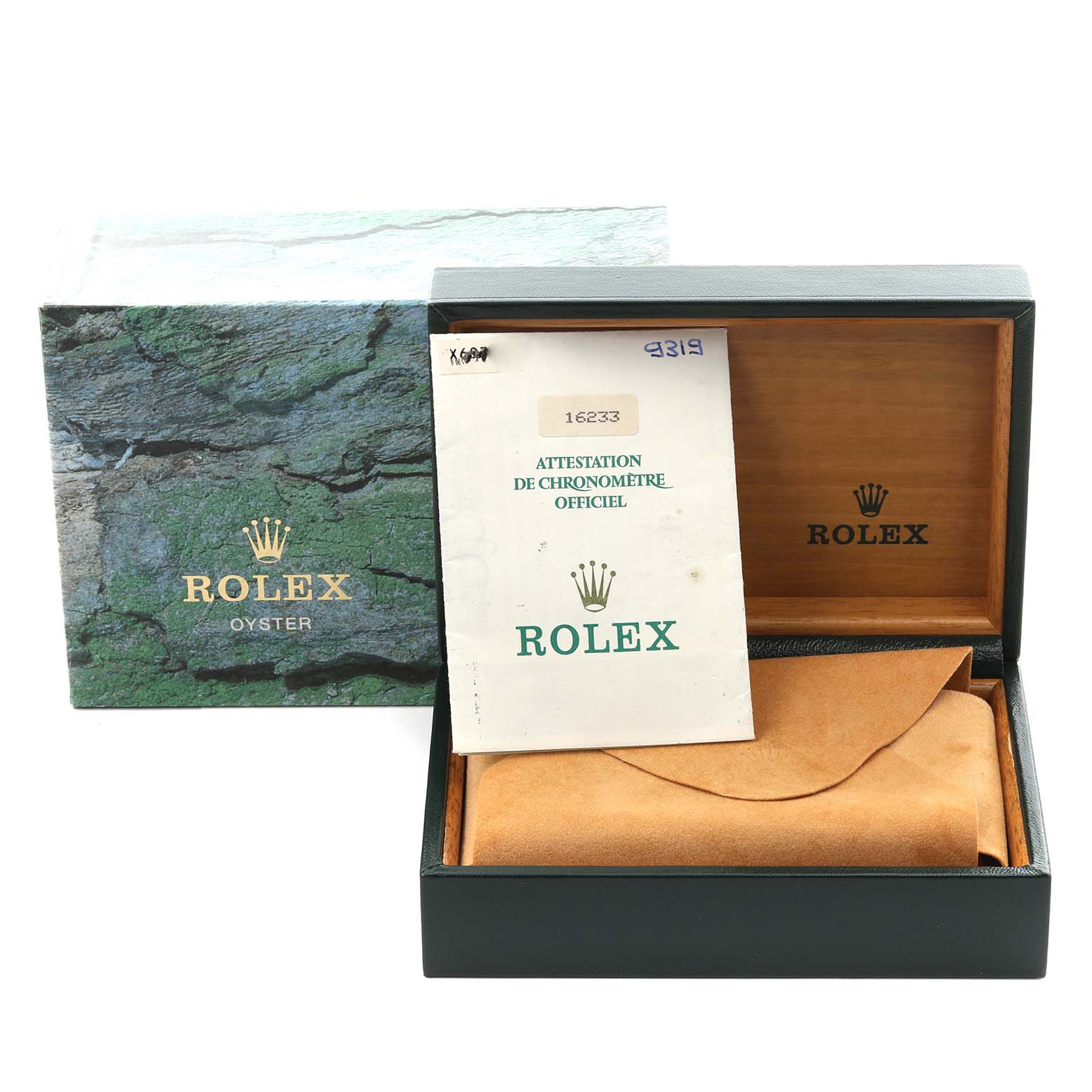 The image shows a Rolex Datejust 16233 Men's Steel and Gold (two tone) Champagne Dial 16233 Men's Steel and Gold (two tone) Champagne Dial box, papers, and a wrapped case, angled from the front.