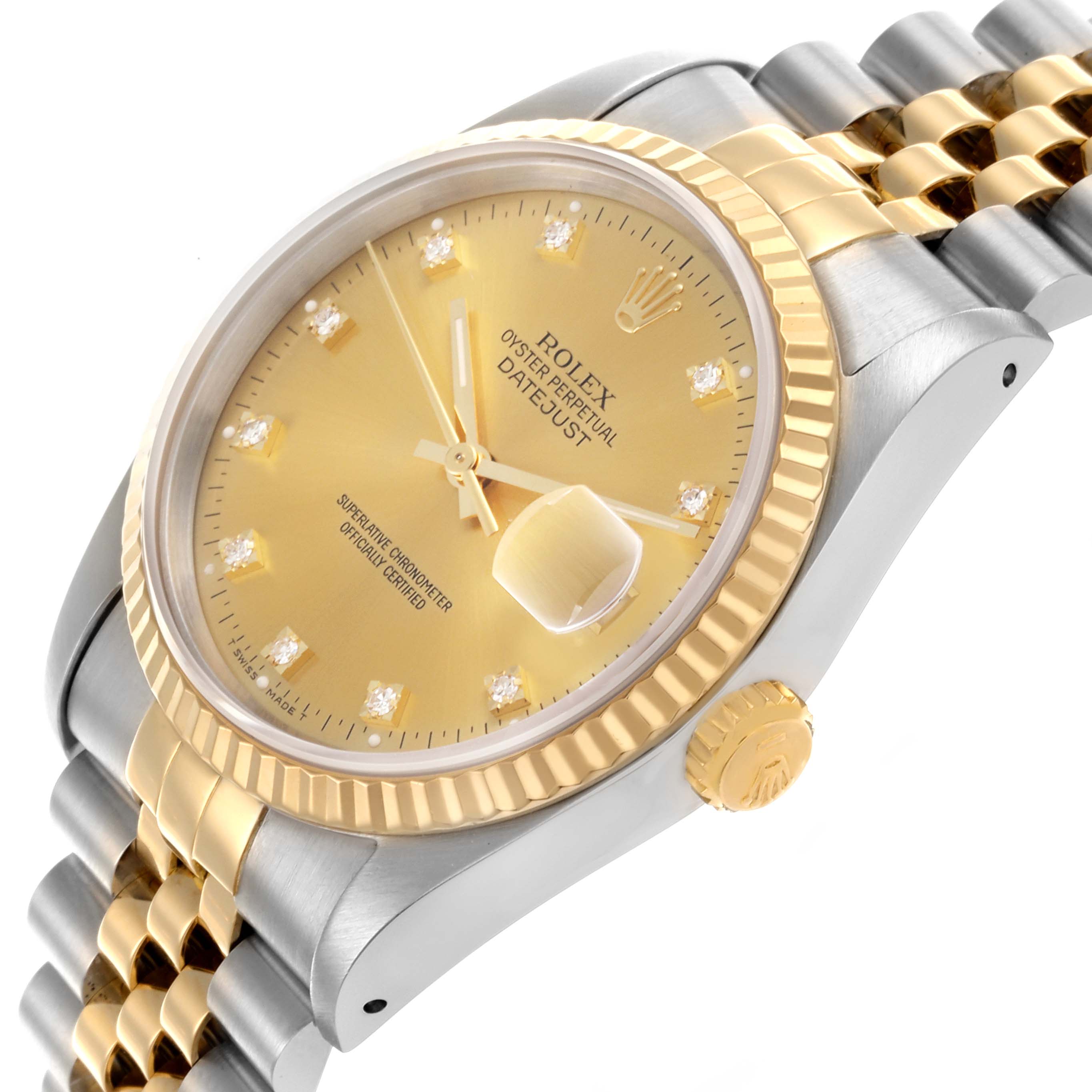 The Rolex Datejust 16233 Men's Steel and Gold (two tone) Champagne Dial 16233 Men's Steel and Gold (two tone) Champagne Dial watch is shown at a slight angle, featuring the gold dial, fluted bezel, and two-tone bracelet.
