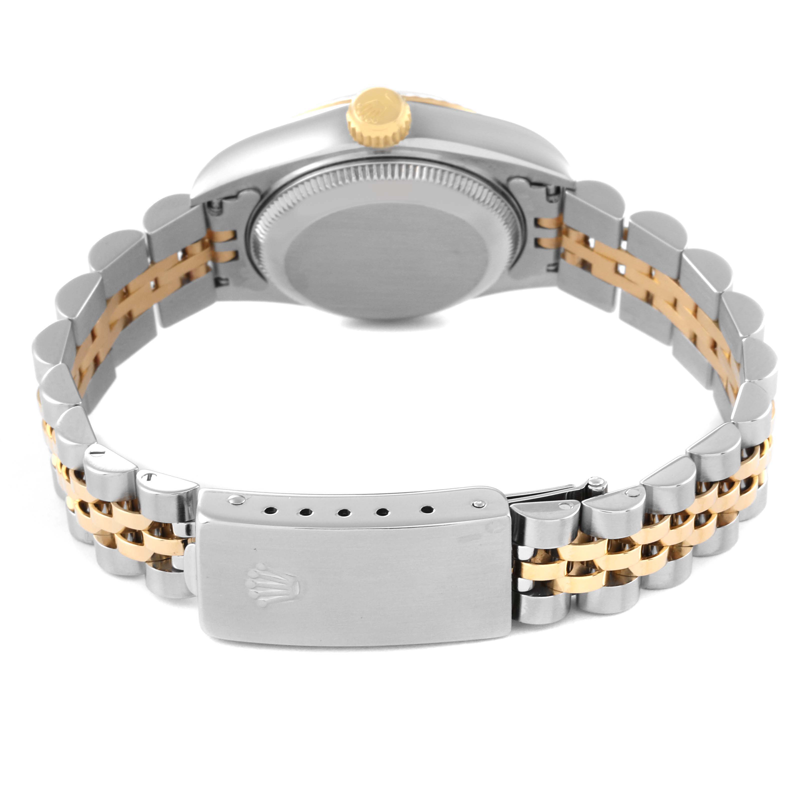 The Rolex Datejust 69173 Women's Steel and Gold (two tone) White Dial 69173 Women's Steel and Gold (two tone) White Dial watch is shown from the back, highlighting its two-tone bracelet and secure clasp.