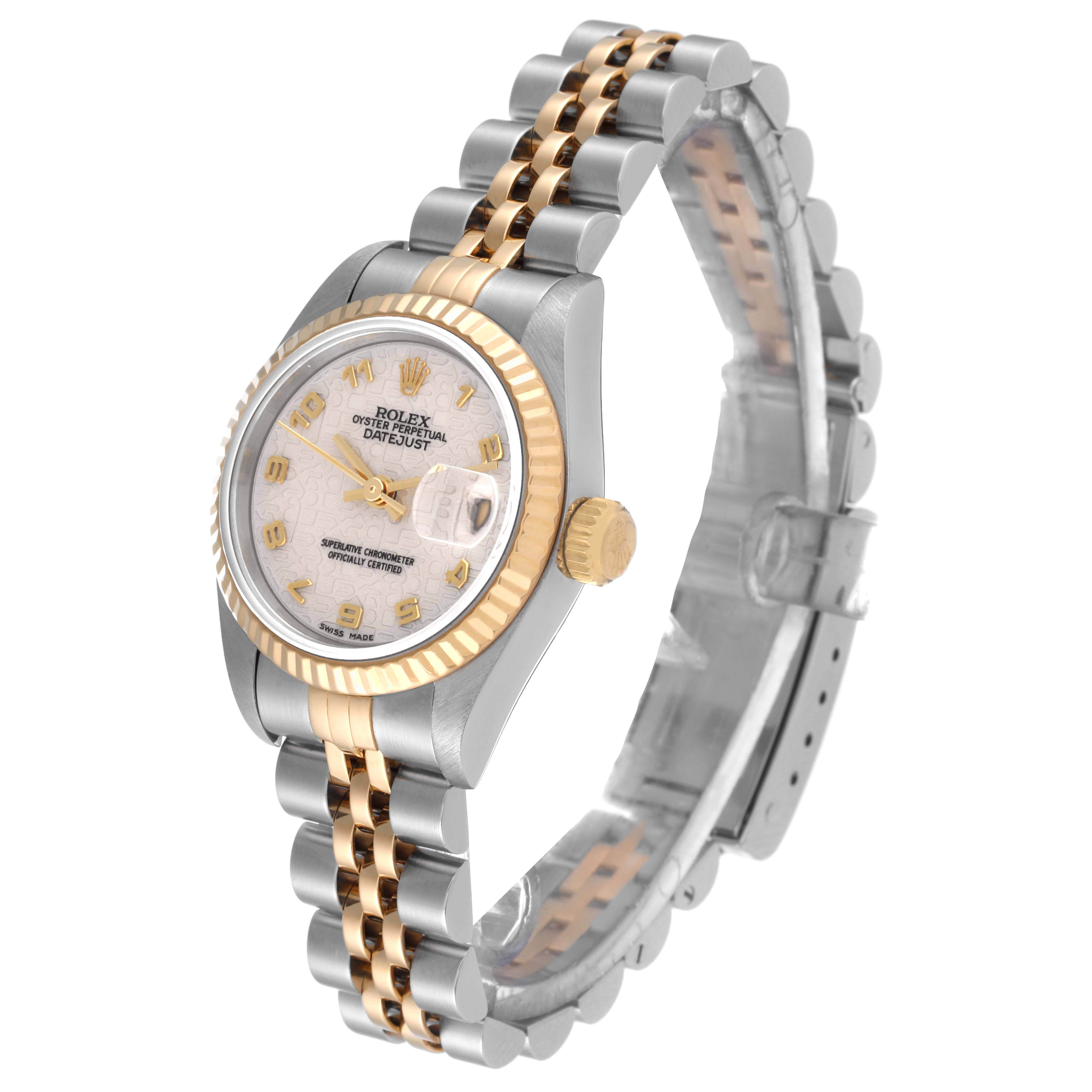 This image shows the Rolex Datejust 69173 Women's Steel and Gold (two tone) White Dial 69173 Women's Steel and Gold (two tone) White Dial watch at a three-quarter angle, highlighting its two-tone bracelet, dial, and crown.