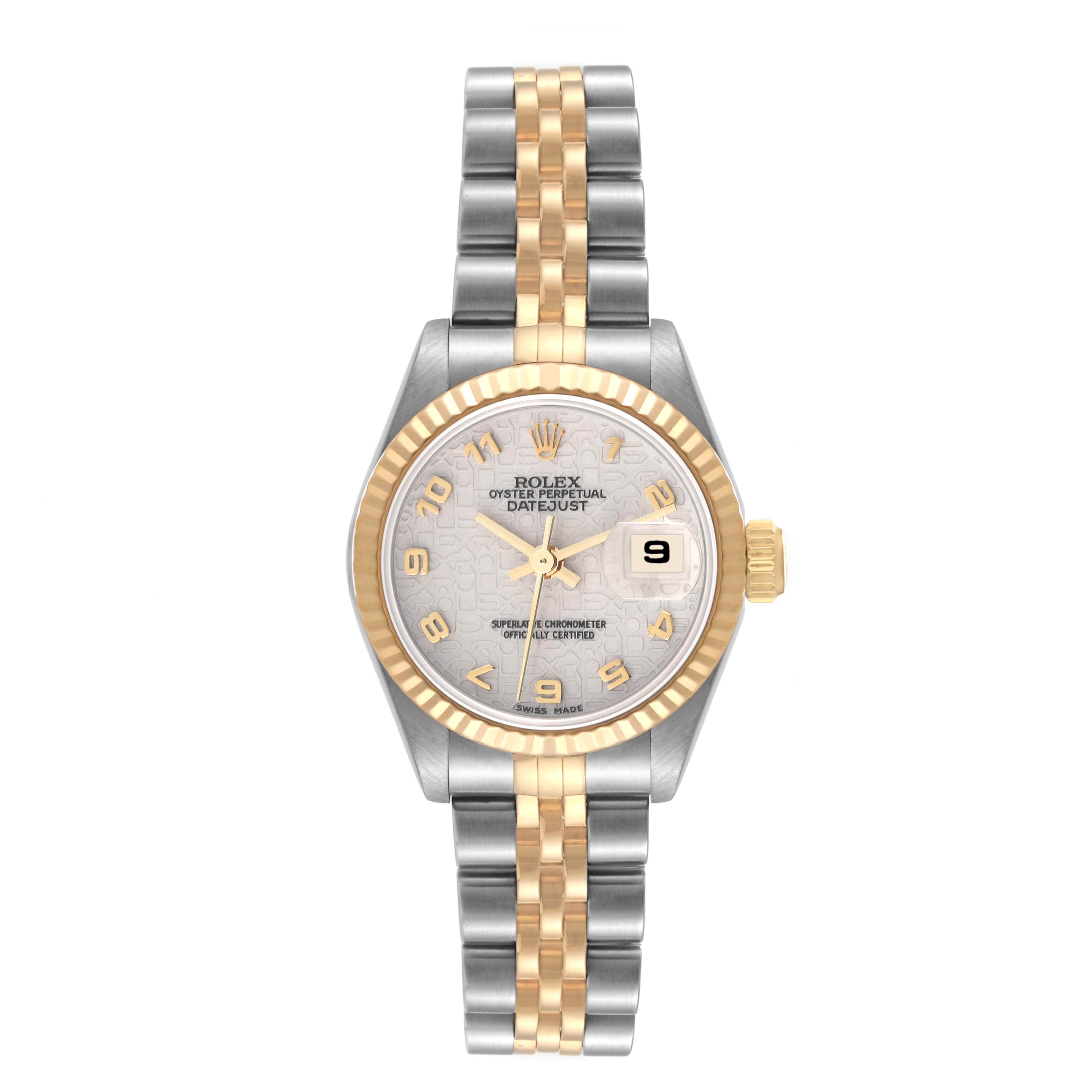 This image shows a front view of the Rolex Datejust 69173 Women's Steel and Gold (two tone) White Dial 69173 Women's Steel and Gold (two tone) White Dial watch, highlighting its two-tone strap, bezel, dial, and date feature.