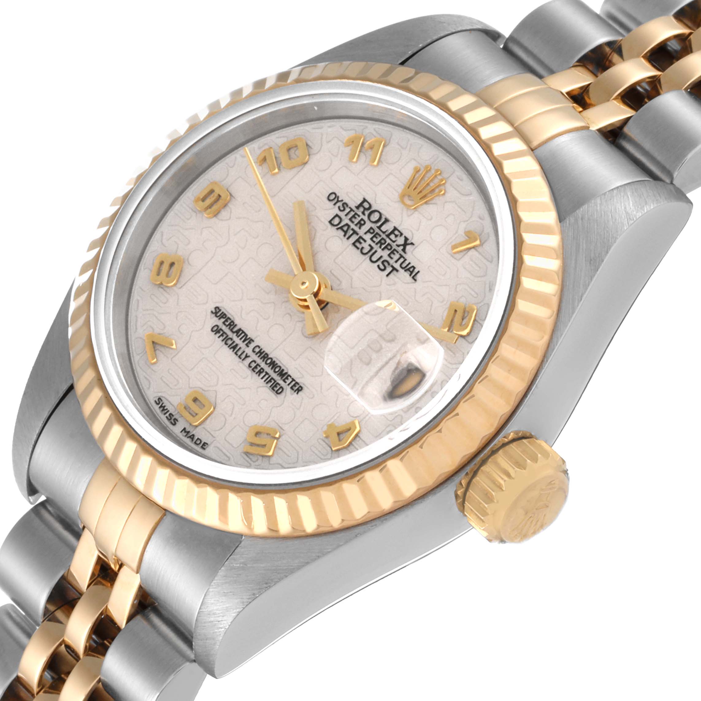 This image shows a close-up of a Rolex Datejust 69173 Women's Steel and Gold (two tone) White Dial 69173 Women's Steel and Gold (two tone) White Dial watch, highlighting the dial, bezel, and part of the bracelet.