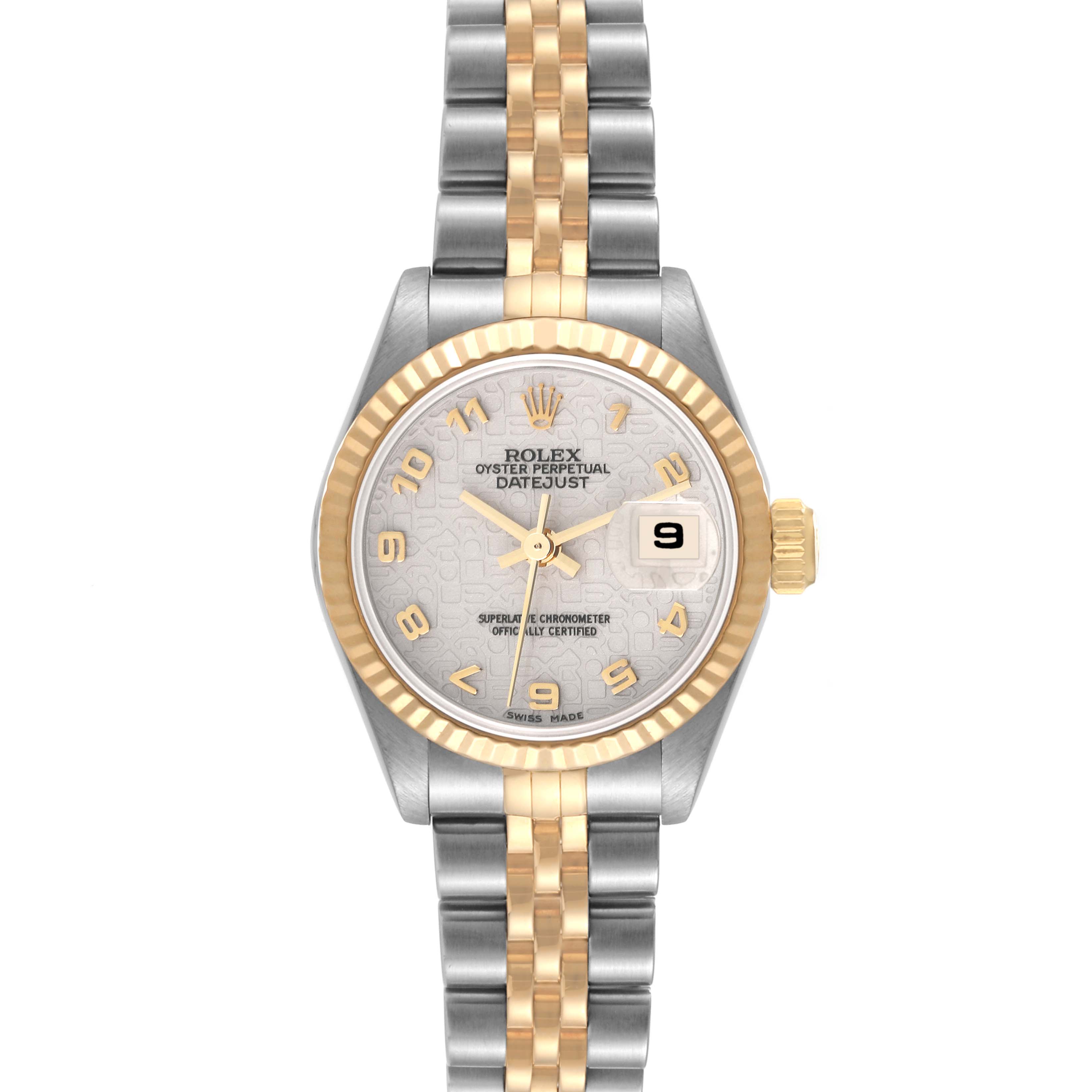 The Rolex Datejust 69173 Women's Steel and Gold (two tone) White Dial 69173 Women's Steel and Gold (two tone) White Dial watch is shown from the front, highlighting its face, dial, bezel, and bracelet.