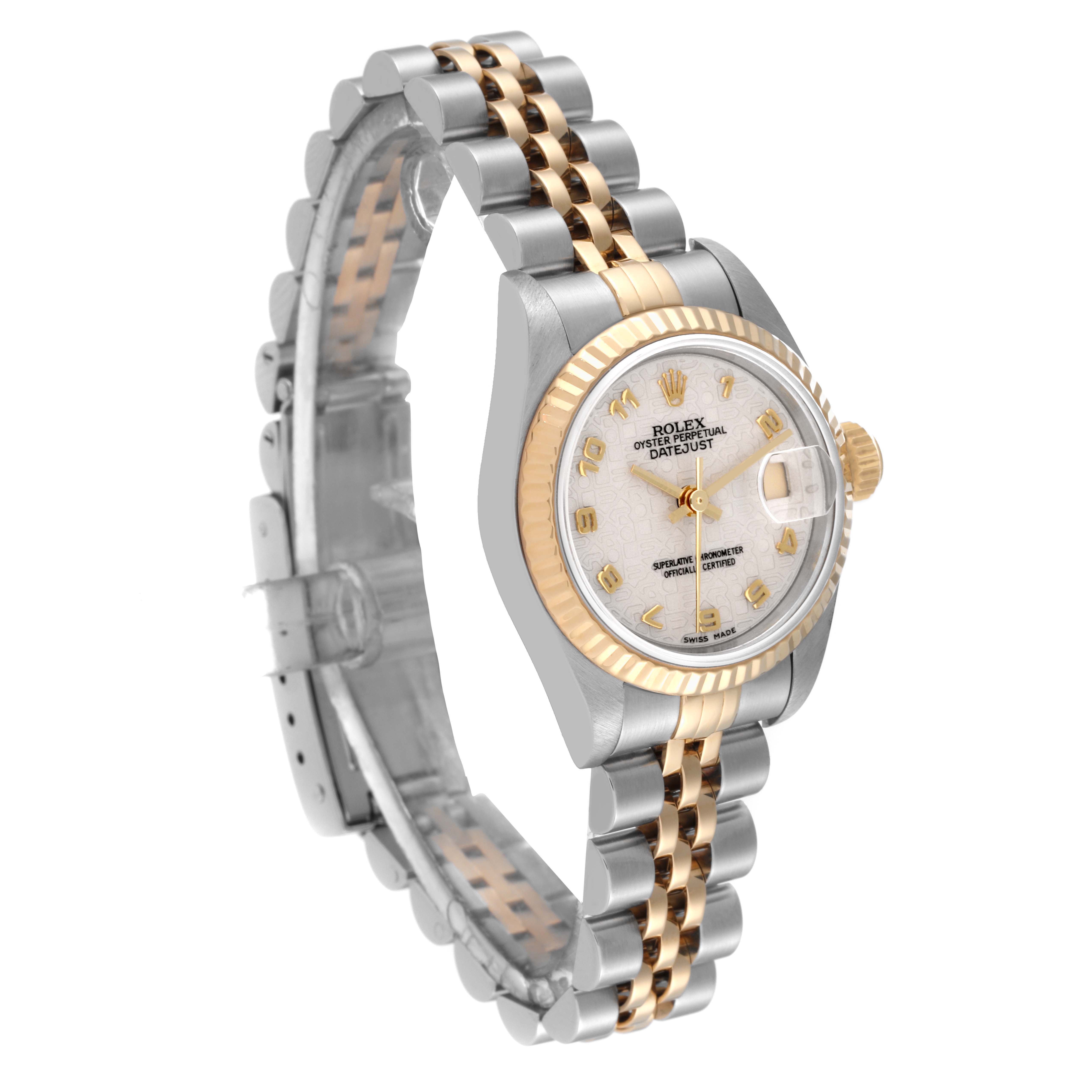 The image shows a Rolex Datejust 69173 Women's Steel and Gold (two tone) White Dial 69173 Women's Steel and Gold (two tone) White Dial model watch at a three-quarter angle, highlighting the dial, bezel, and part of the bracelet.