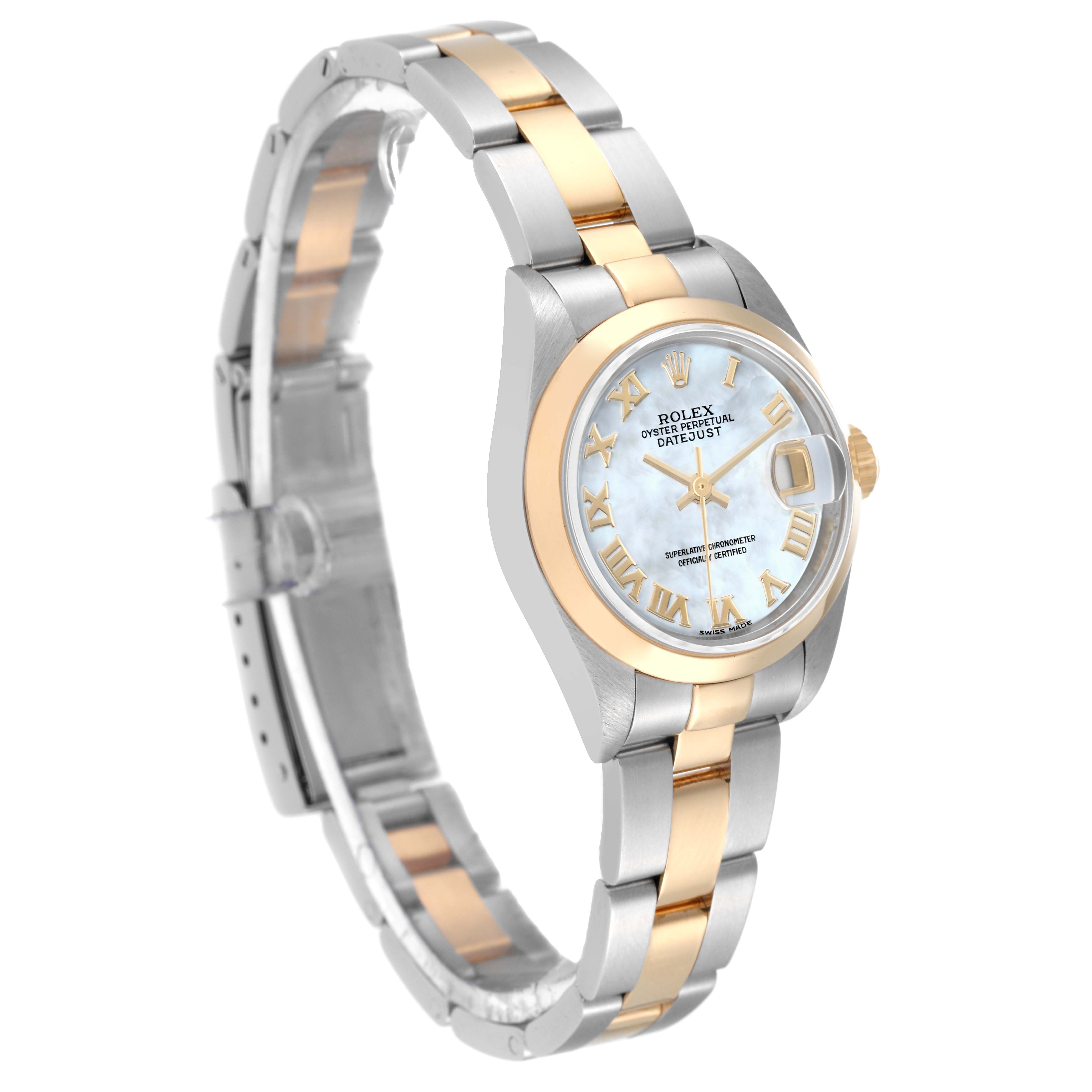 The image shows a side angle of a Rolex Datejust 79163 Women's Steel and Gold (two tone) Mother of Pearl Dial 79163 Women's Steel and Gold (two tone) Mother of Pearl Dial watch, highlighting its two-tone band and face with Roman numeral markers.