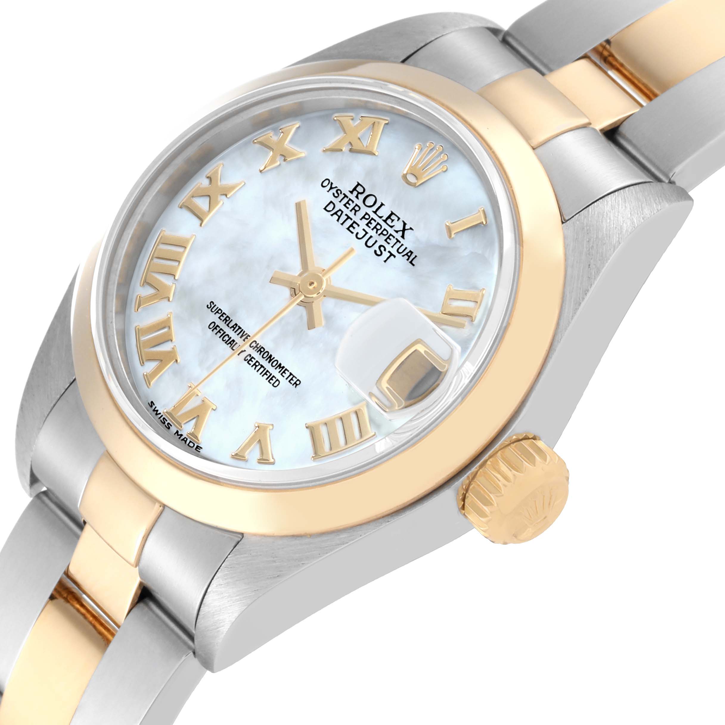 The image shows a close-up angle of a Rolex Datejust 79163 Women's Steel and Gold (two tone) Mother of Pearl Dial 79163 Women's Steel and Gold (two tone) Mother of Pearl Dial watch, highlighting its mother-of-pearl dial, gold Roman numerals, and two-tone bracelet.