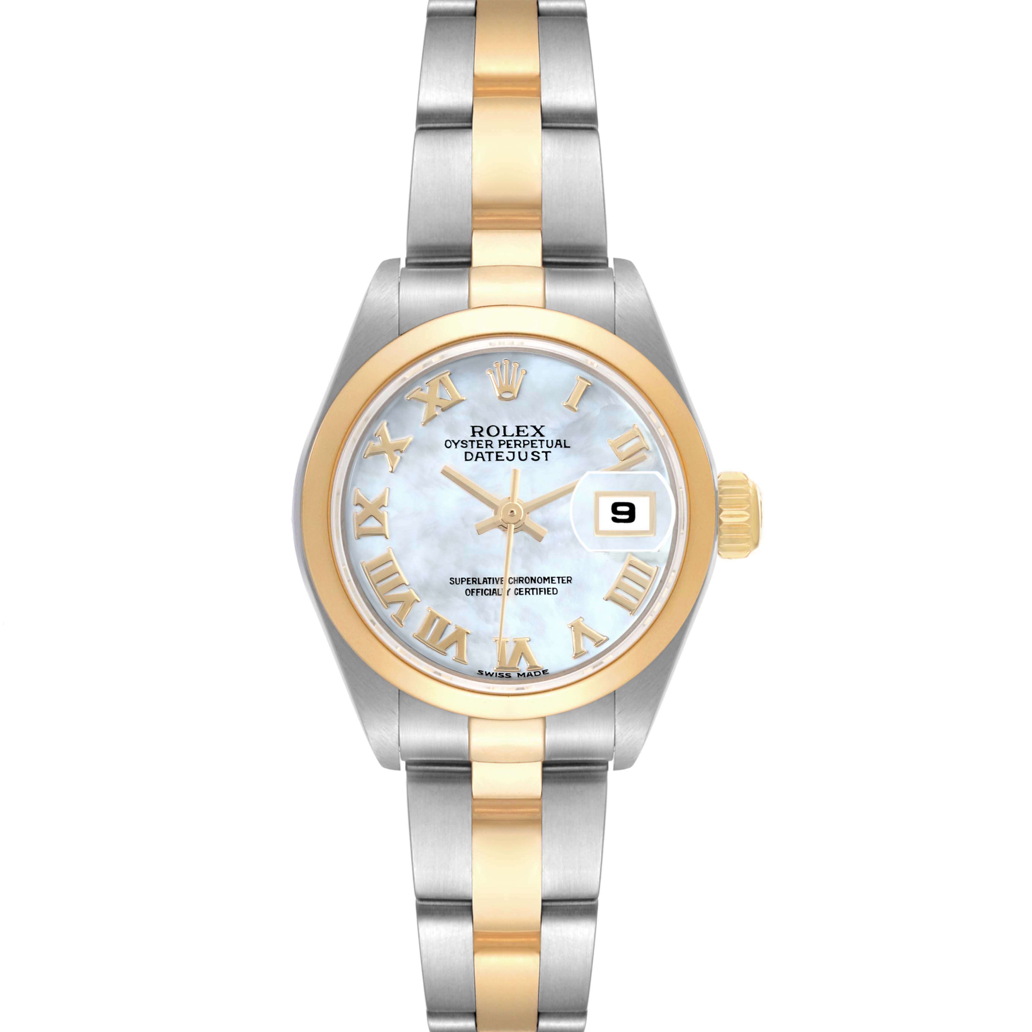 The image shows a front view of a Rolex Datejust 79163 Women's Steel and Gold (two tone) Mother of Pearl Dial 79163 Women's Steel and Gold (two tone) Mother of Pearl Dial watch, highlighting the face, dial, bezel, and two-tone bracelet.