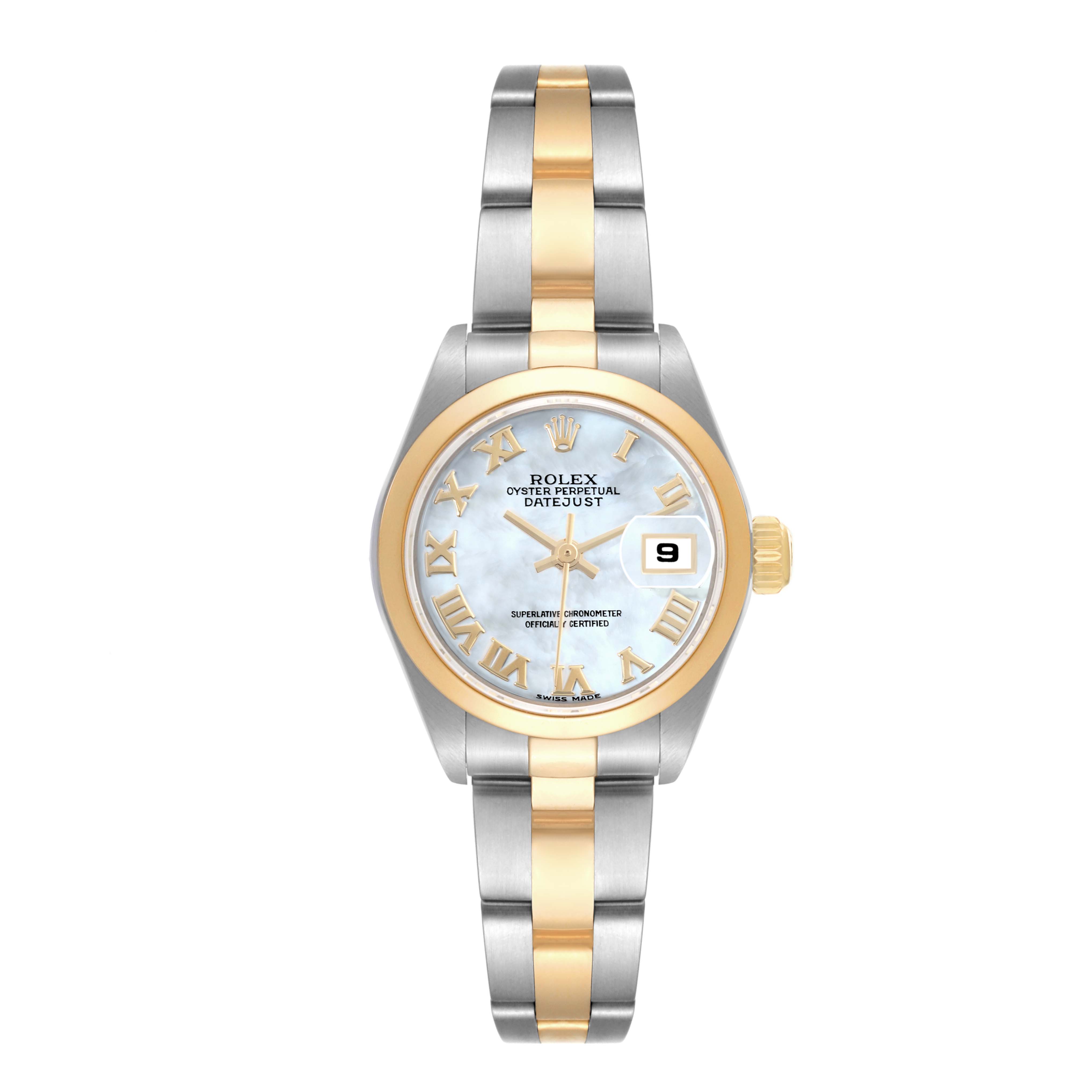The image shows a Rolex Datejust 79163 Women's Steel and Gold (two tone) Mother of Pearl Dial 79163 Women's Steel and Gold (two tone) Mother of Pearl Dial watch viewed from the front, highlighting its dial, bracelet, and case.