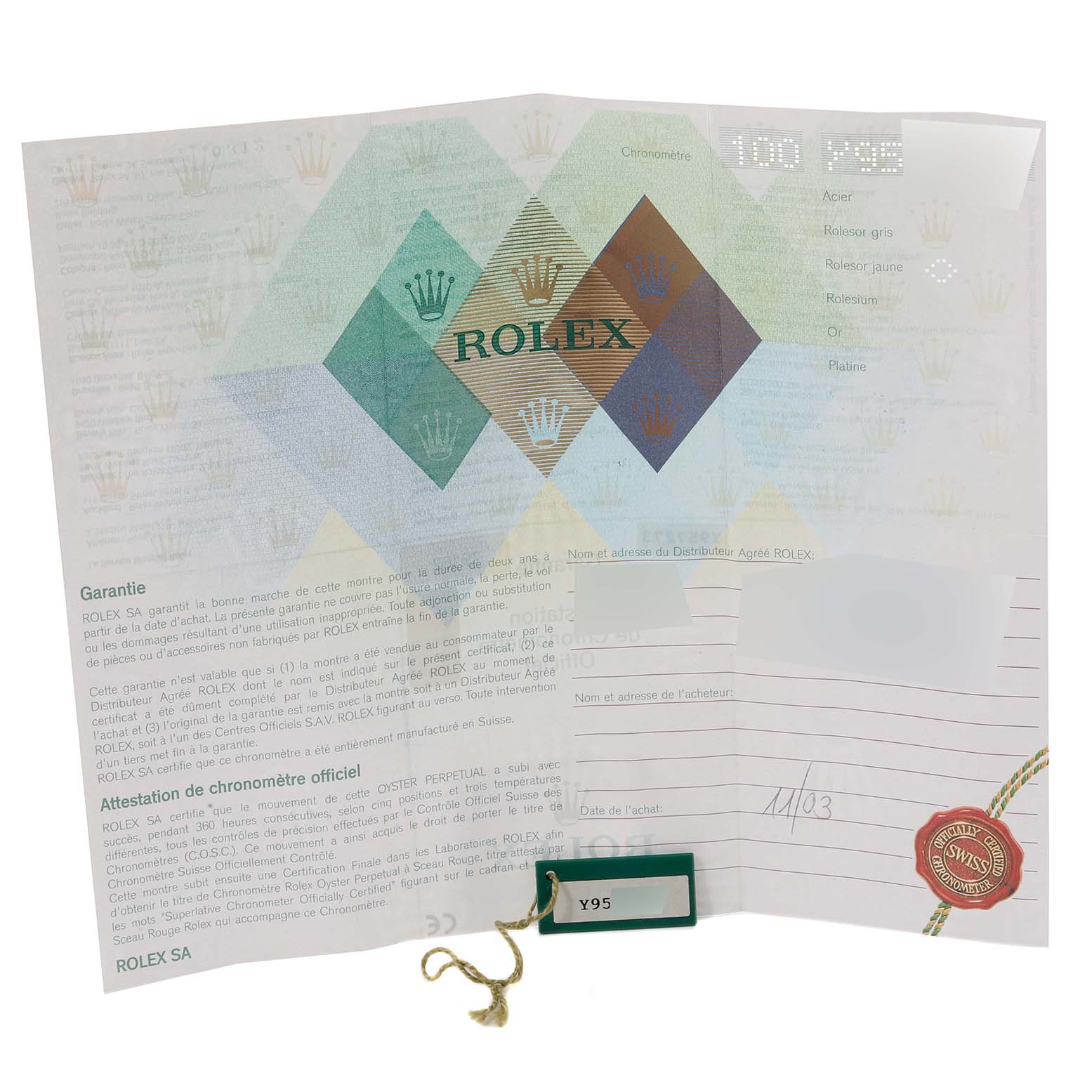 This image shows the warranty card and tag for the Datejust model by Rolex.