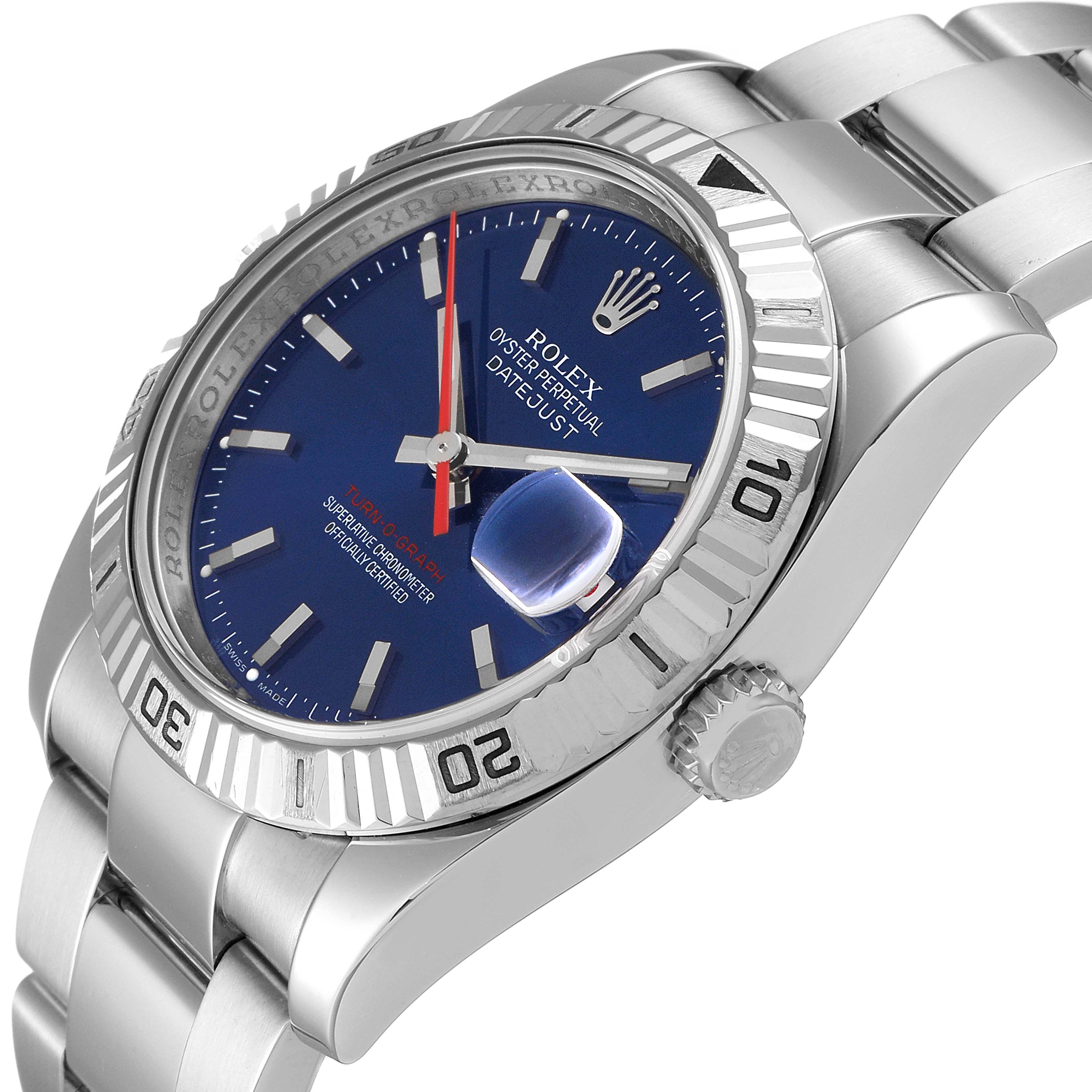 The image shows a Rolex Turn-o-Graph 116264 Men's Stainless Steel Blue Dial 116264 Men's Stainless Steel Blue Dial watch angled from the top-right, highlighting the dial, bezel, and bracelet.