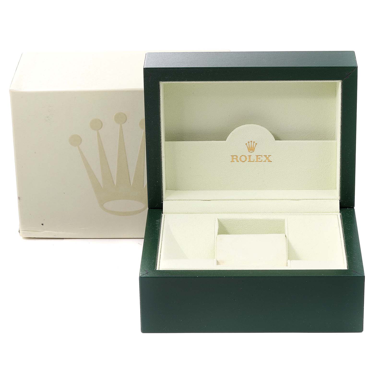 The image shows an open green Rolex watch box and an outer white box, both featuring the Rolex logo.