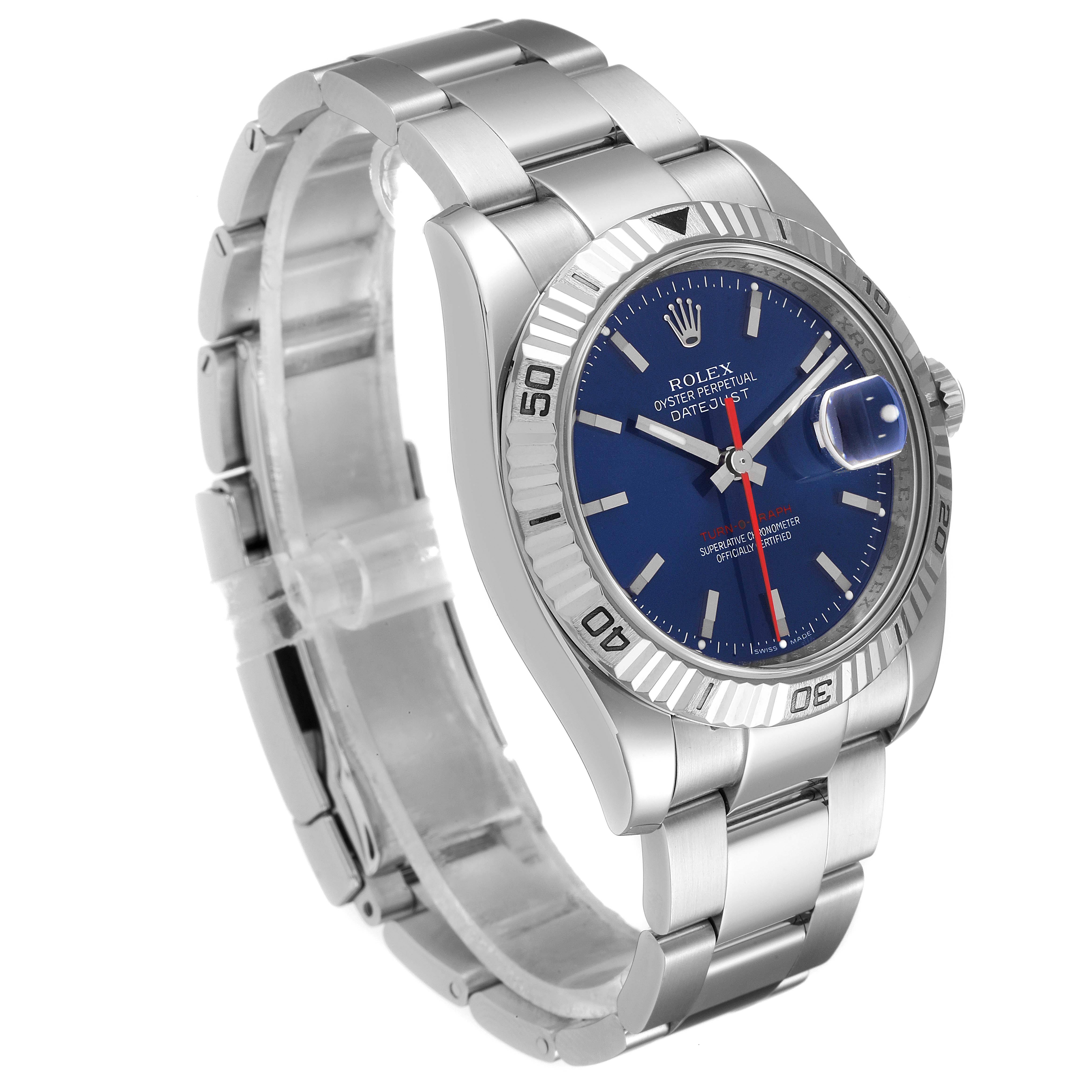 This image shows a Rolex Turn-o-Graph 116264 Men's Stainless Steel Blue Dial 116264 Men's Stainless Steel Blue Dial watch at a slight angle, highlighting its face, bezel, crown, and bracelet.