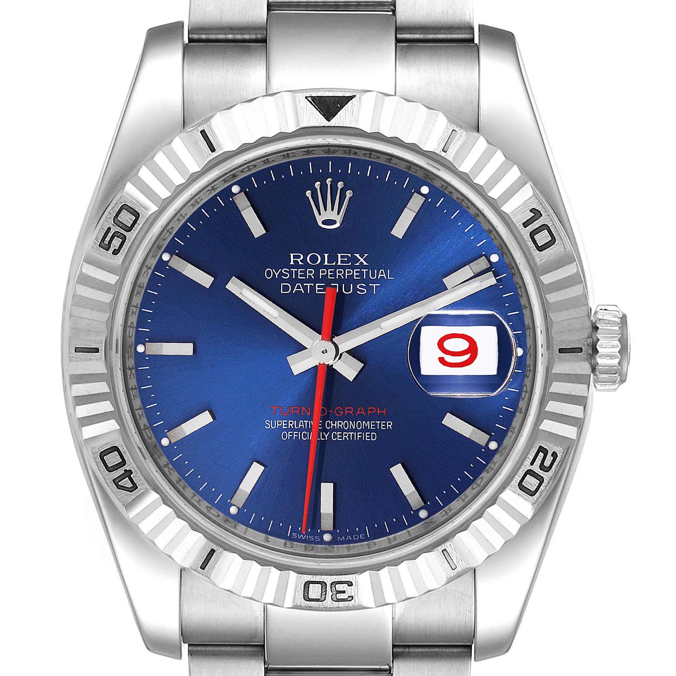 The image shows a front view of a Rolex Turn-o-Graph 116264 Men's Stainless Steel Blue Dial 116264 Men's Stainless Steel Blue Dial watch displaying its blue dial, date feature, and stainless steel bracelet.