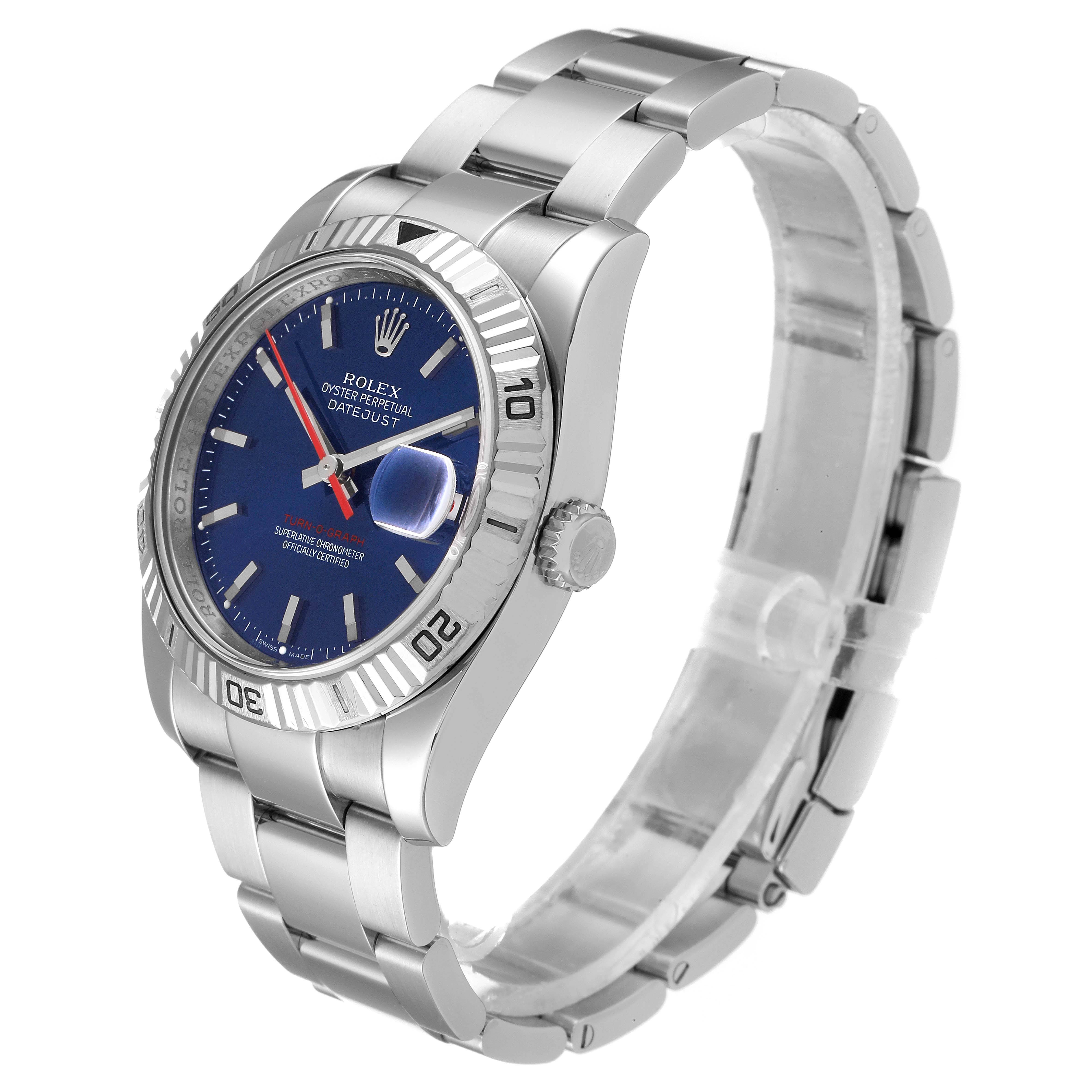 The Rolex Turn-o-Graph 116264 Men's Stainless Steel Blue Dial 116264 Men's Stainless Steel Blue Dial watch is shown at a three-quarter angle, highlighting the blue dial, bezel, case, and metal bracelet.