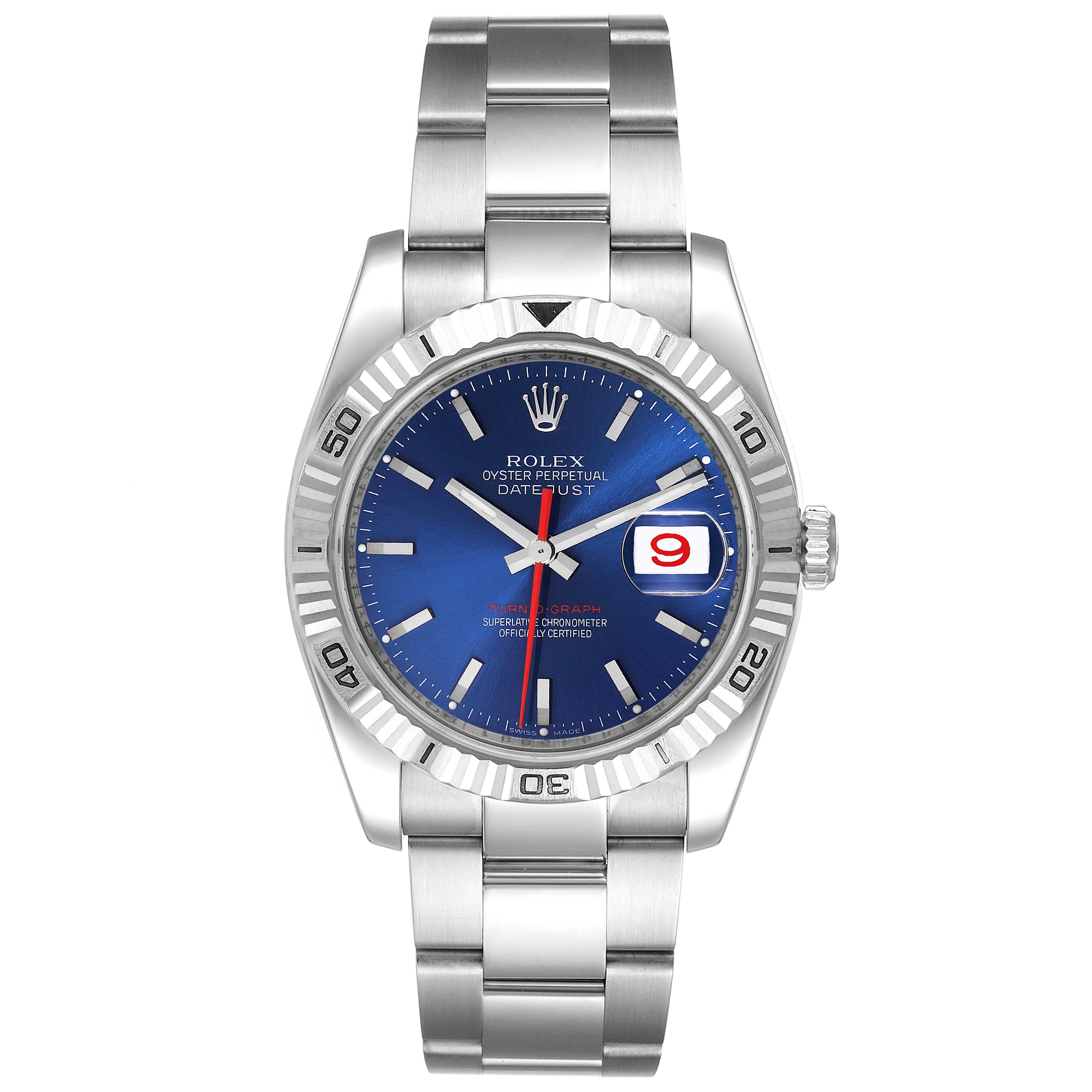 The image shows a front view of a Rolex Turn-o-Graph 116264 Men's Stainless Steel Blue Dial 116264 Men's Stainless Steel Blue Dial watch displaying its blue dial, date window, and stainless steel bracelet.