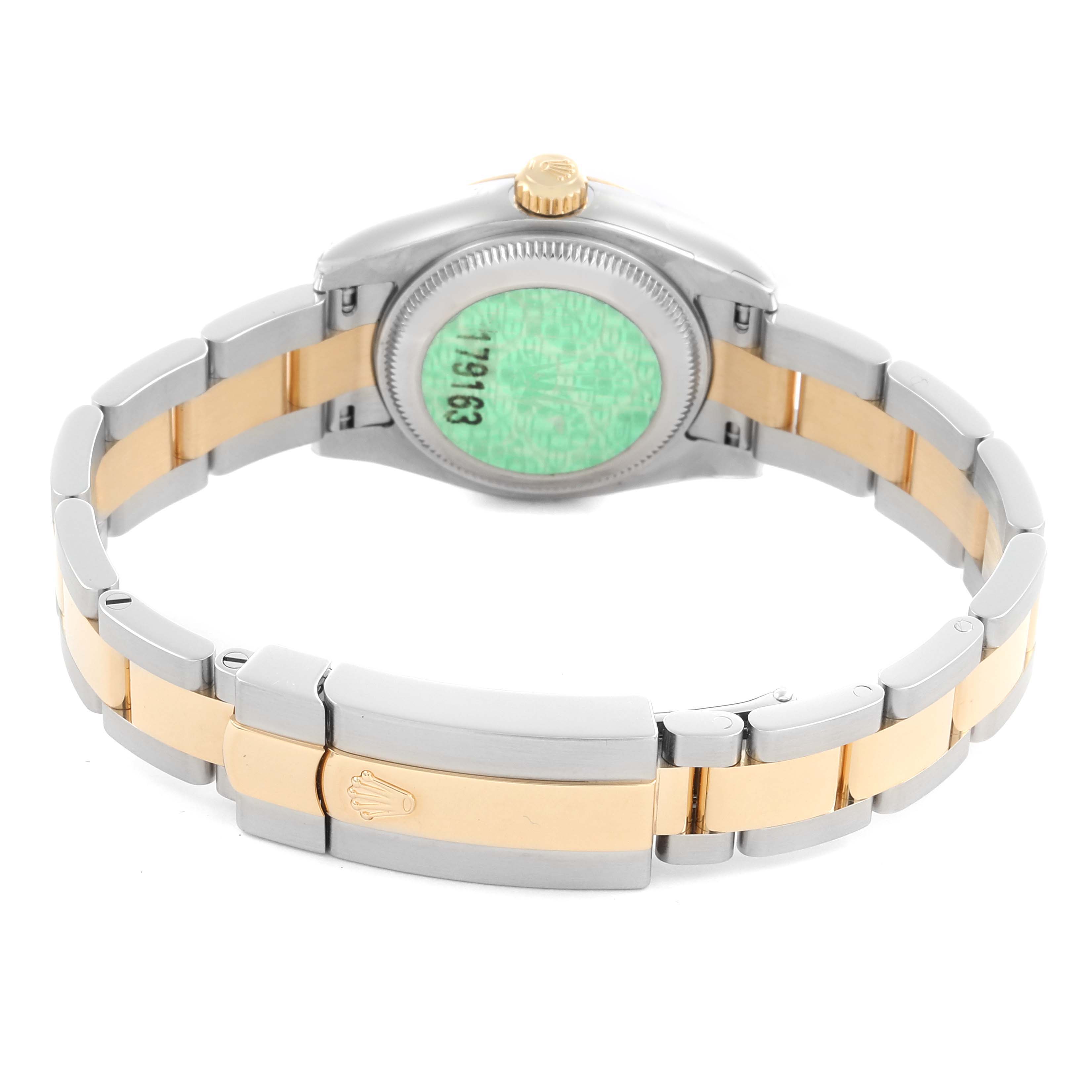 The image shows the back case and bracelet of the Rolex Datejust 179163 Women's Steel and Gold (two tone) White Dial 179163 Women's Steel and Gold (two tone) White Dial watch, highlighting the dual-tone metal design.