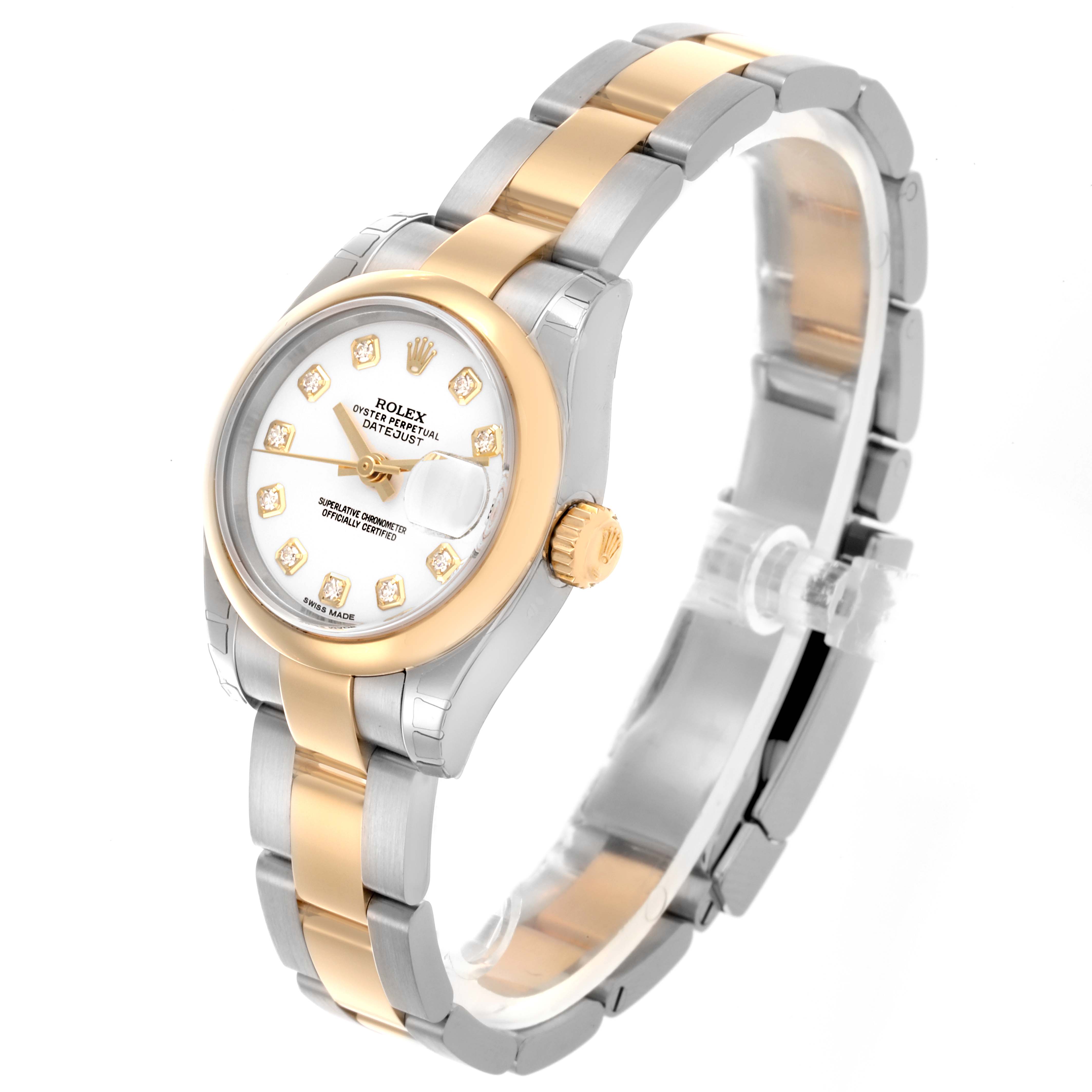 The Rolex Datejust 179163 Women's Steel and Gold (two tone) White Dial 179163 Women's Steel and Gold (two tone) White Dial watch is shown at a three-quarter angle, highlighting the dial, bezel, crown, and bracelet.