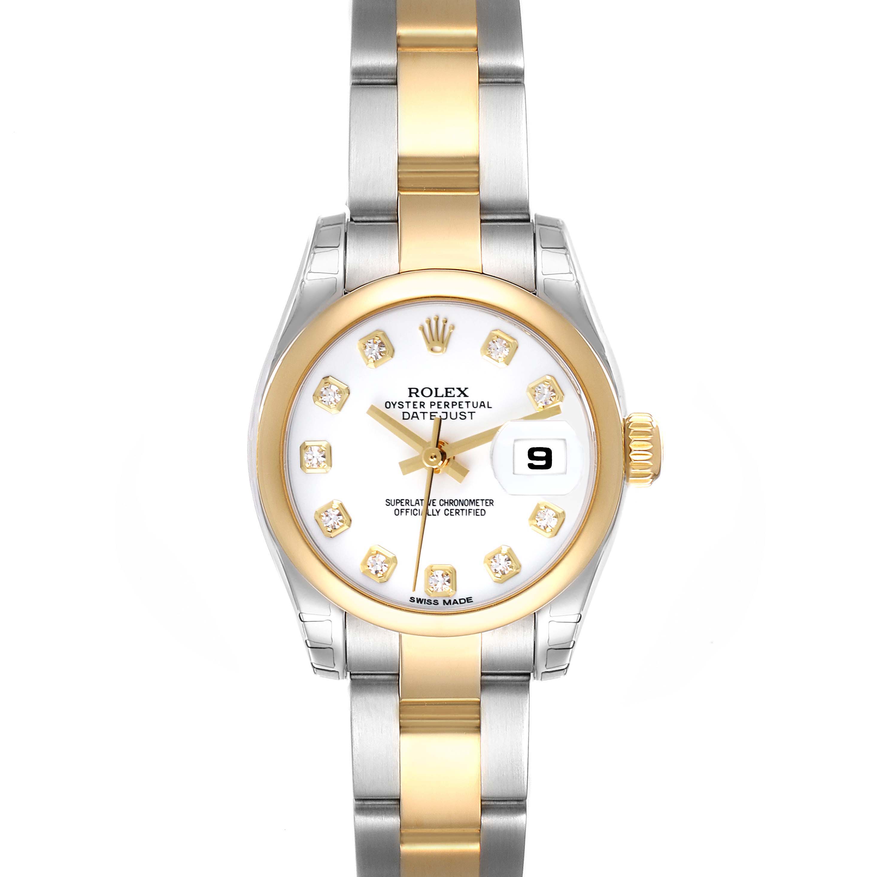 The Rolex Datejust 179163 Women's Steel and Gold (two tone) White Dial 179163 Women's Steel and Gold (two tone) White Dial watch is shown from a front angle, displaying the face, bezel, and part of the bracelet.