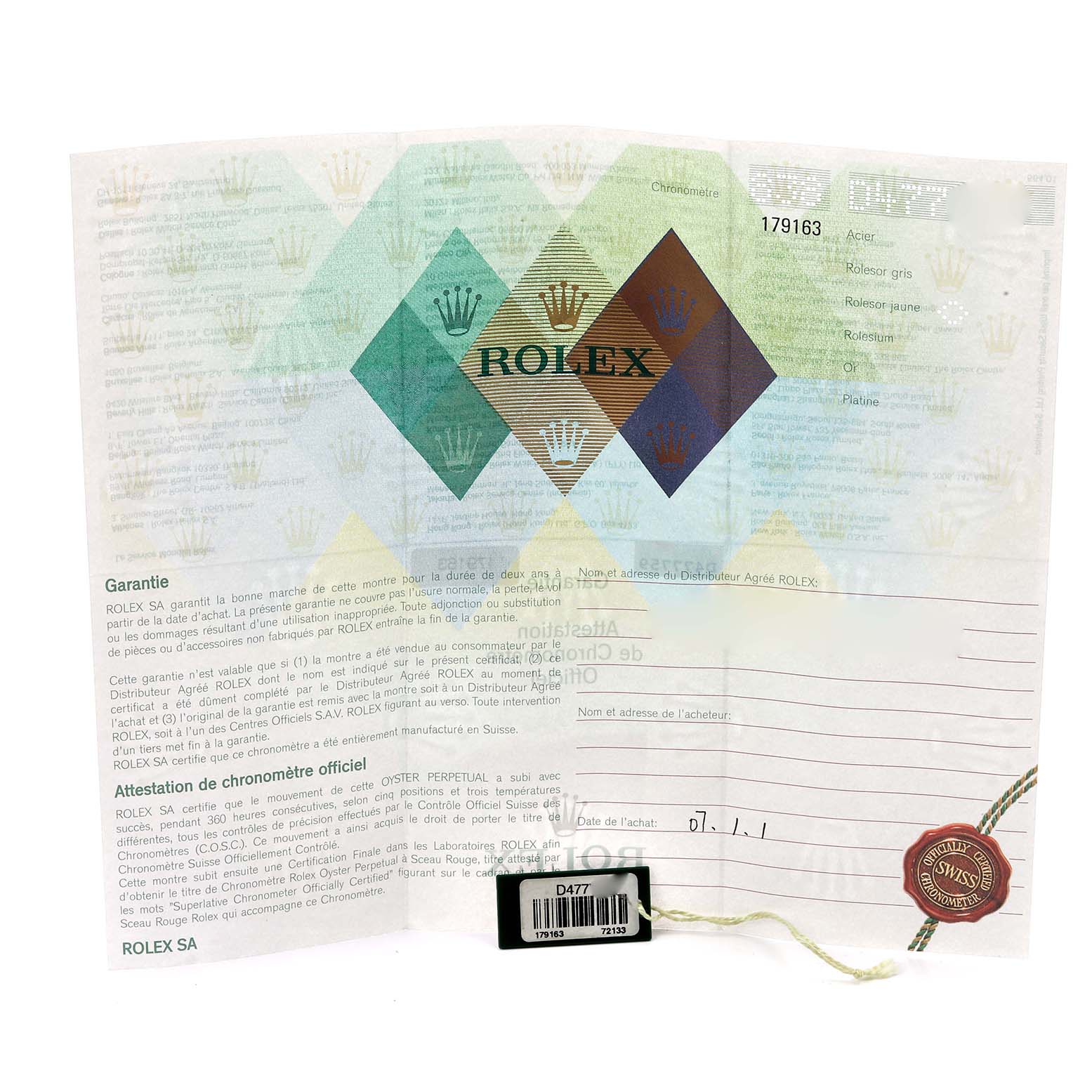 The image shows a full view of a warranty certificate for a Rolex Datejust 179163 Women's Steel and Gold (two tone) White Dial 179163 Women's Steel and Gold (two tone) White Dial watch.