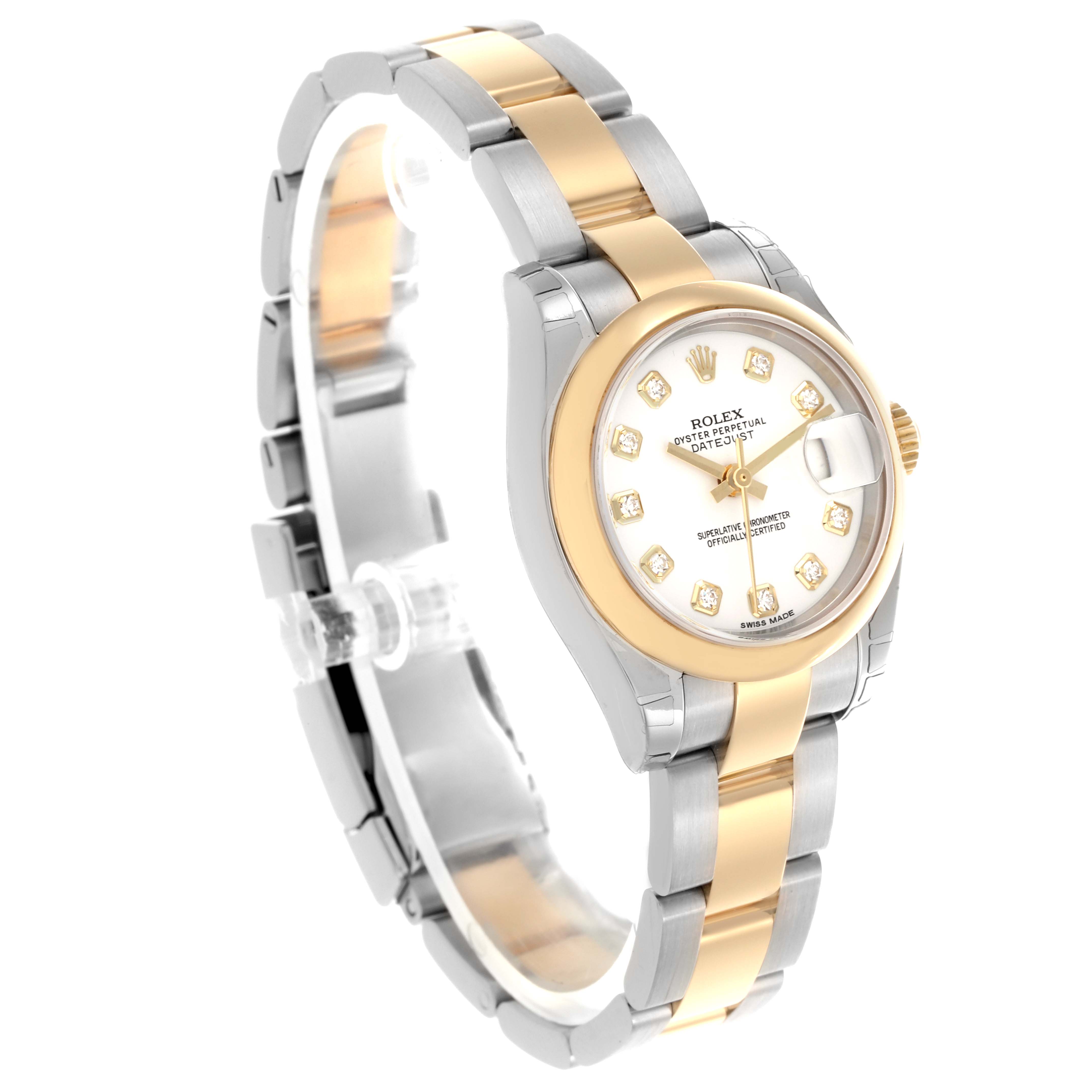 The Rolex Datejust 179163 Women's Steel and Gold (two tone) White Dial 179163 Women's Steel and Gold (two tone) White Dial watch is shown at an angled view, highlighting the gold and silver bracelet, bezel, and diamond hour markers.