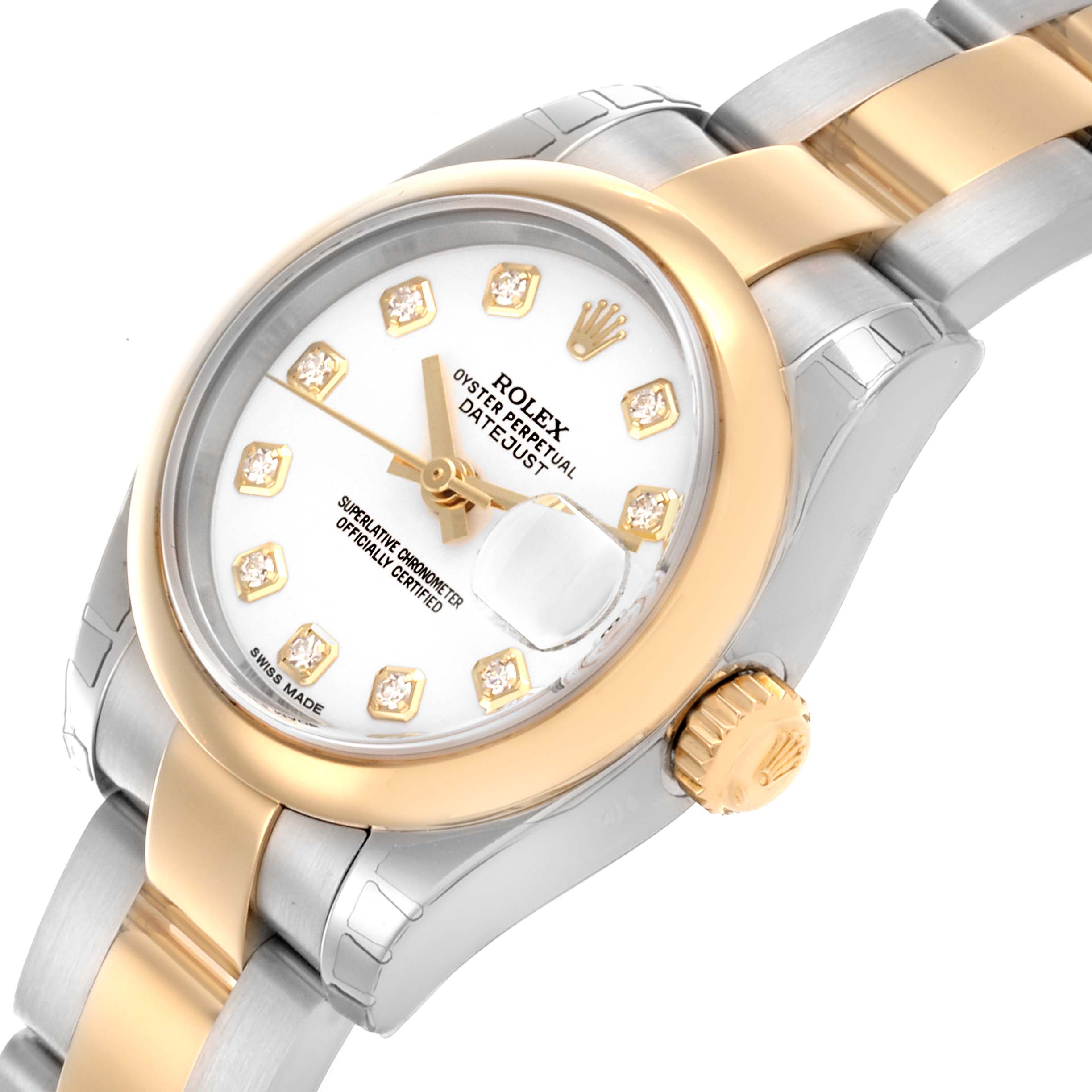 The Rolex Datejust 179163 Women's Steel and Gold (two tone) White Dial 179163 Women's Steel and Gold (two tone) White Dial watch is shown at an angled close-up, highlighting the dial, bezel, crown, and part of the bracelet.