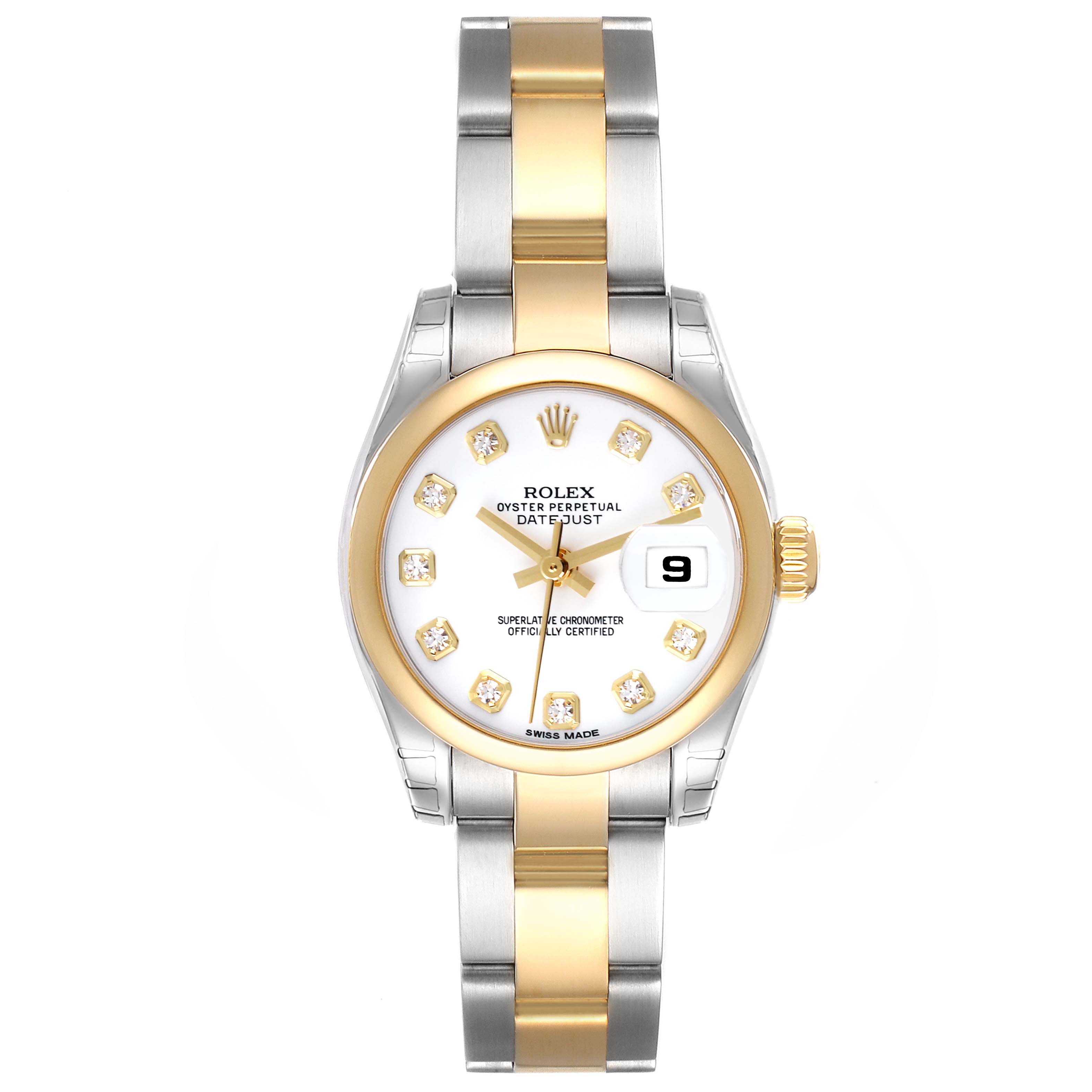 The Rolex Datejust 179163 Women's Steel and Gold (two tone) White Dial 179163 Women's Steel and Gold (two tone) White Dial watch is shown from a top-down angle, highlighting the face, bracelet, and crown.