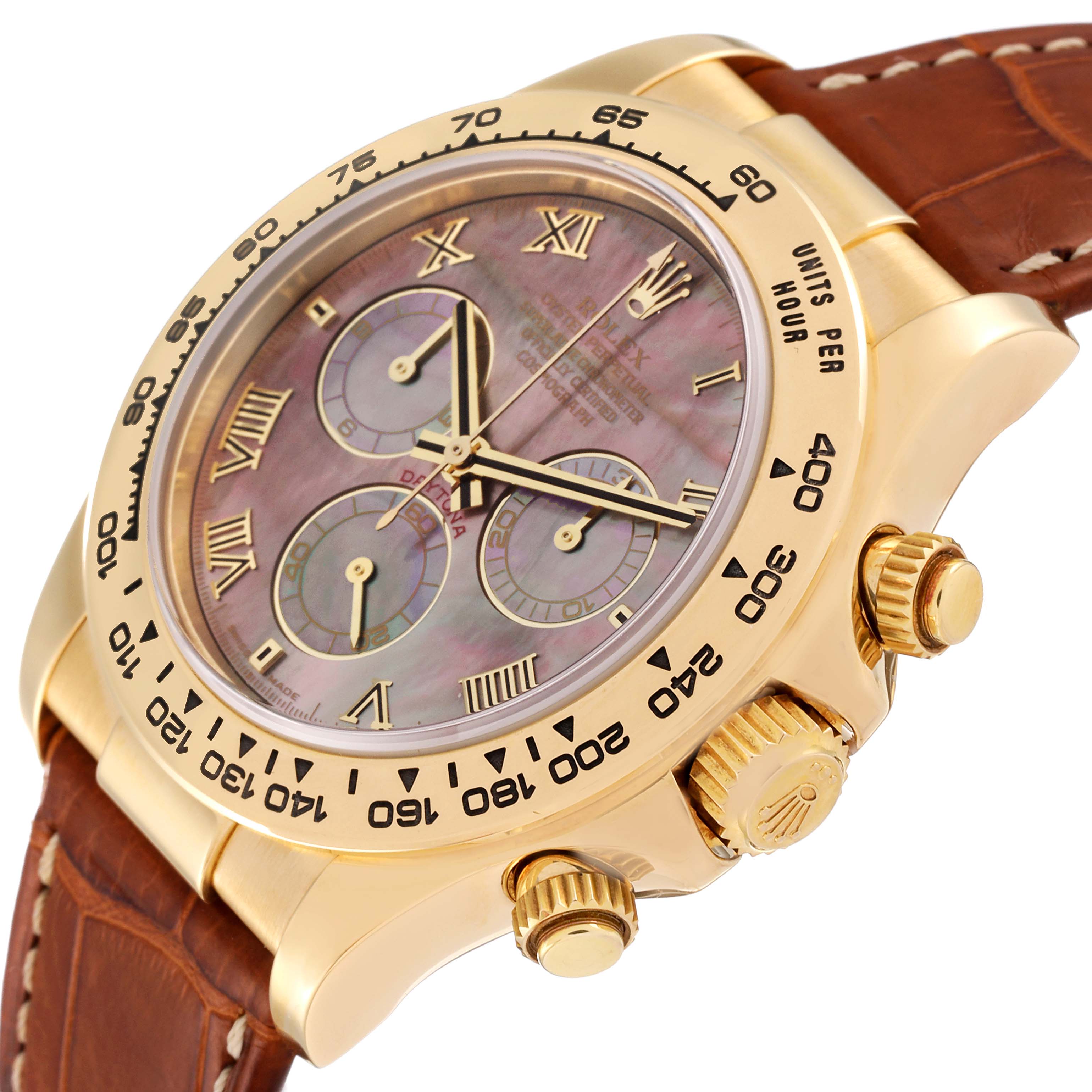 The angle shows a close-up side view of the Rolex Daytona 116518 Men's Yellow Gold Mother of Pearl Dial 116518 Men's Yellow Gold Mother of Pearl Dial watch, revealing the dial, bezel, pushers, crown, and leather strap.