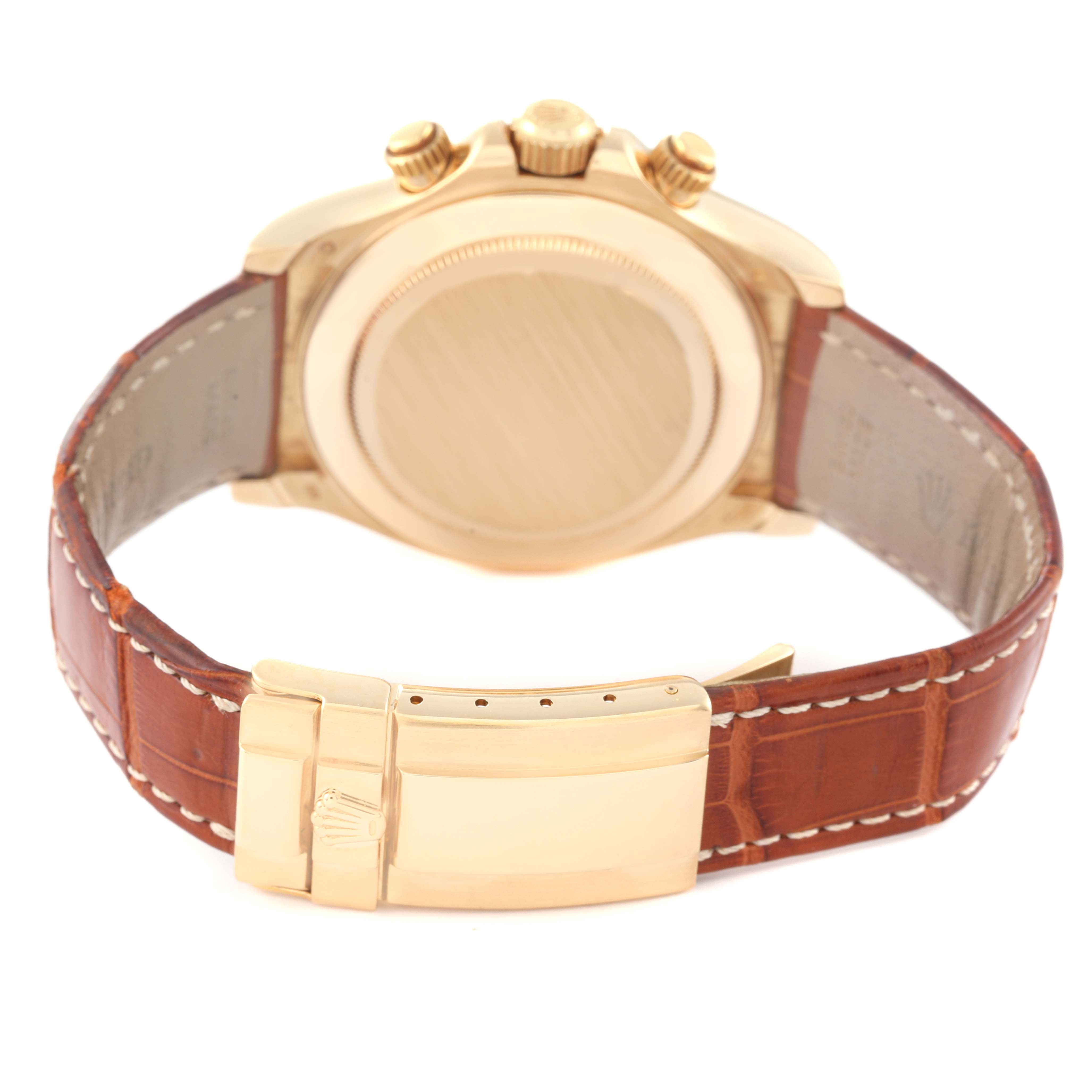 The image shows the back and clasp of a Rolex Daytona 116518 Men's Yellow Gold Mother of Pearl Dial 116518 Men's Yellow Gold Mother of Pearl Dial watch with a leather strap.